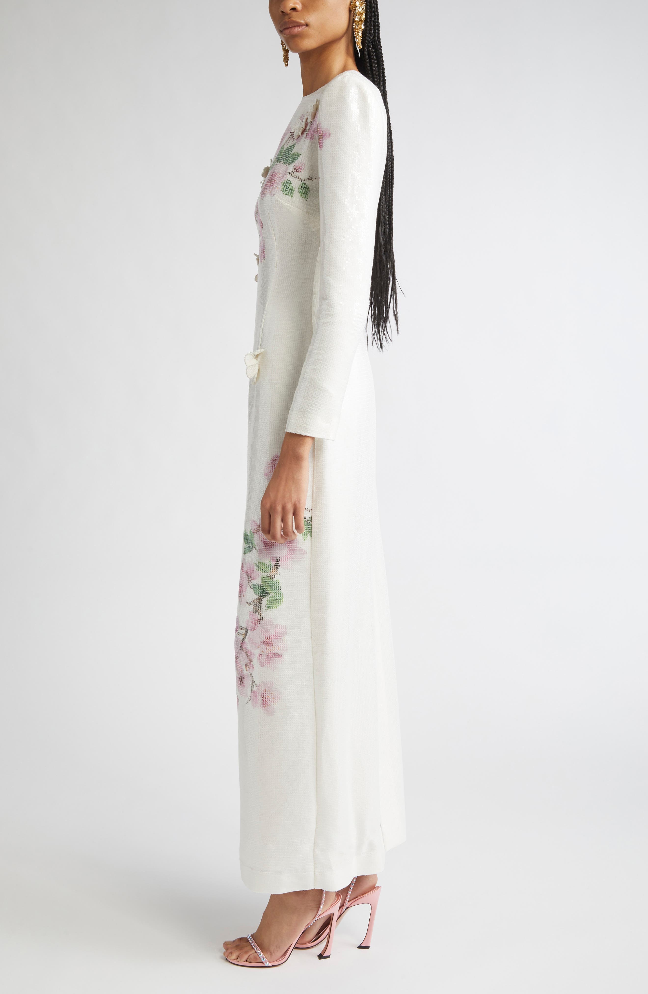 Oscar de la Renta Cherry Blossom Long Sleeve Sequin Jersey Column Gown in Pink/Ivory at Nordstrom - 3