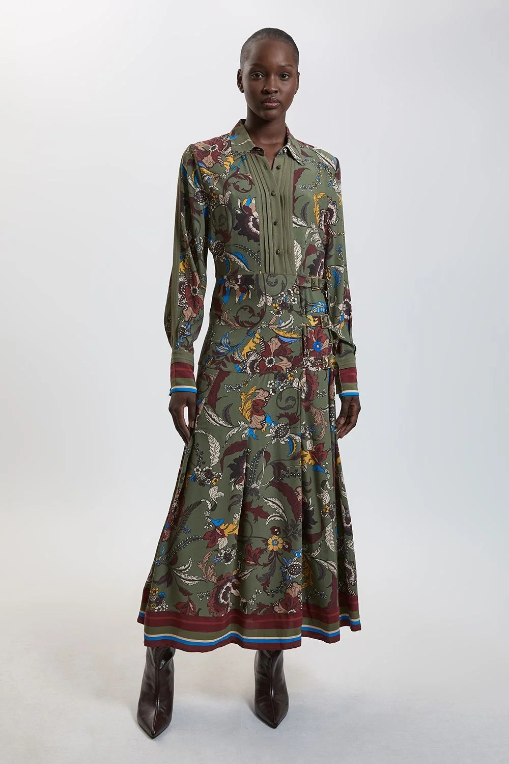 Floral Print Belt Detail Viscose Midi Shirt Dress - 1
