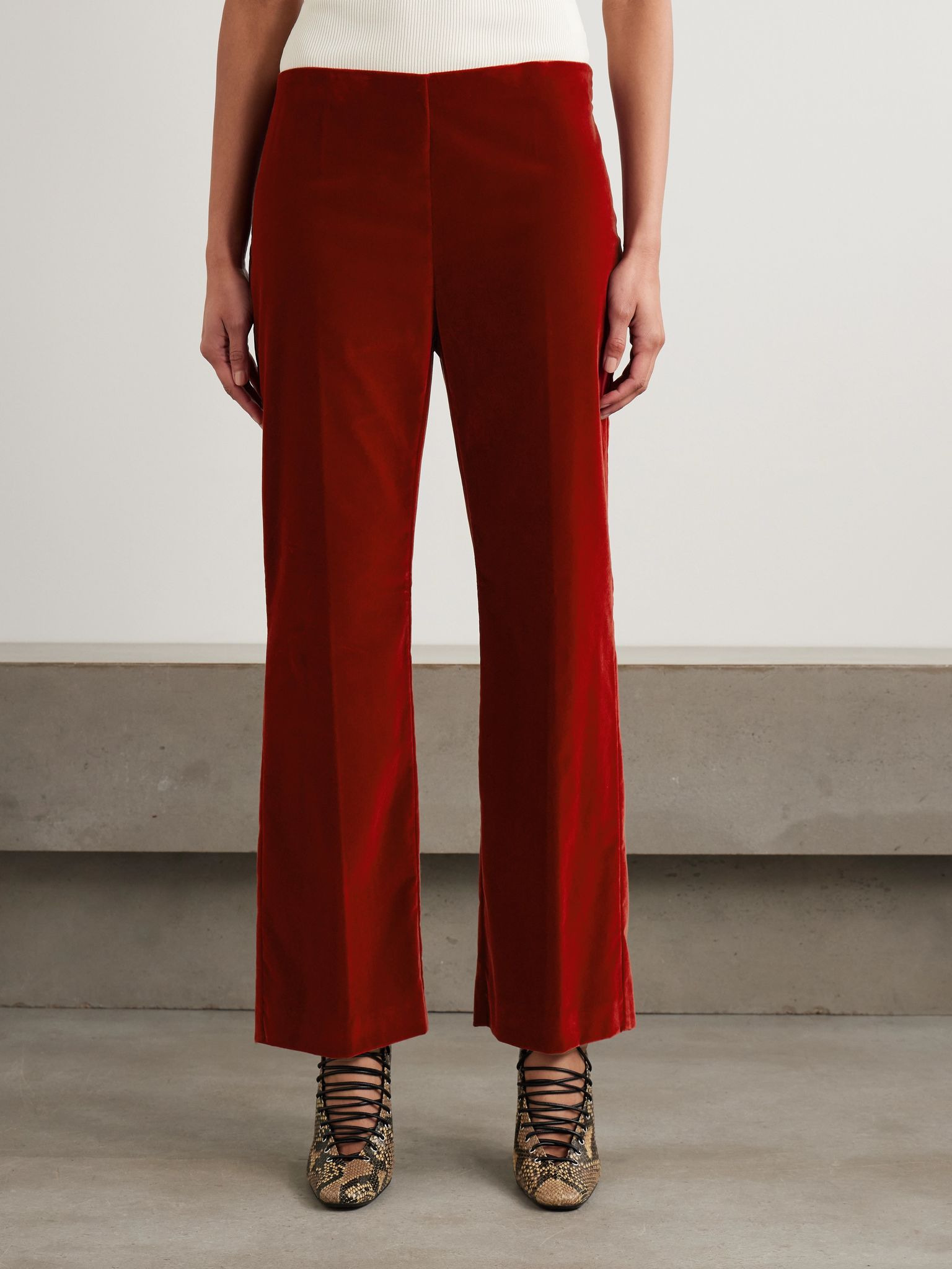 Cotton-blend velvet flared pants Burgundy - 3