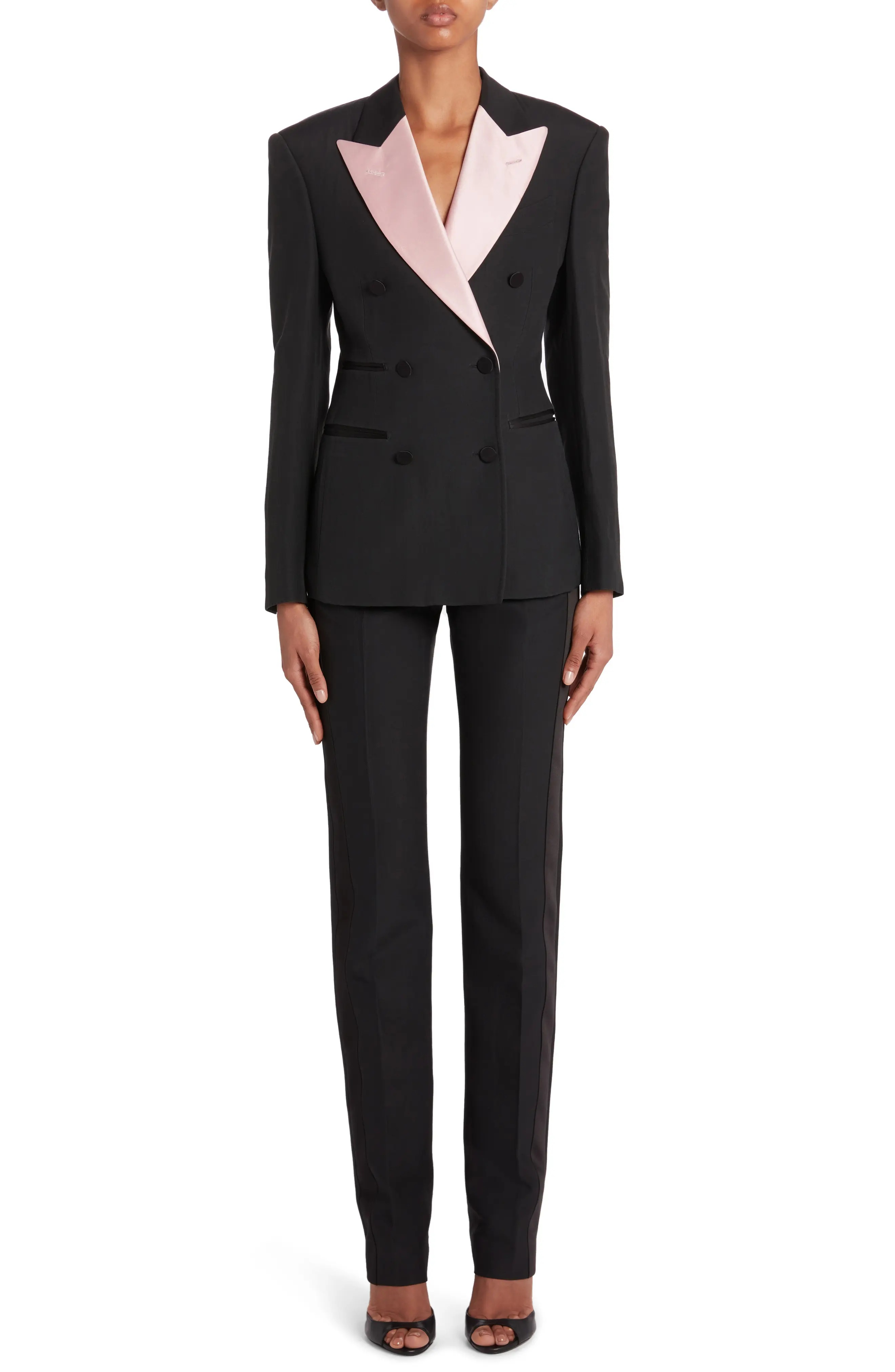 Contrast Lapel Wool & Silk Tuxedo Jacket in Black/Ballet Slipper - 2