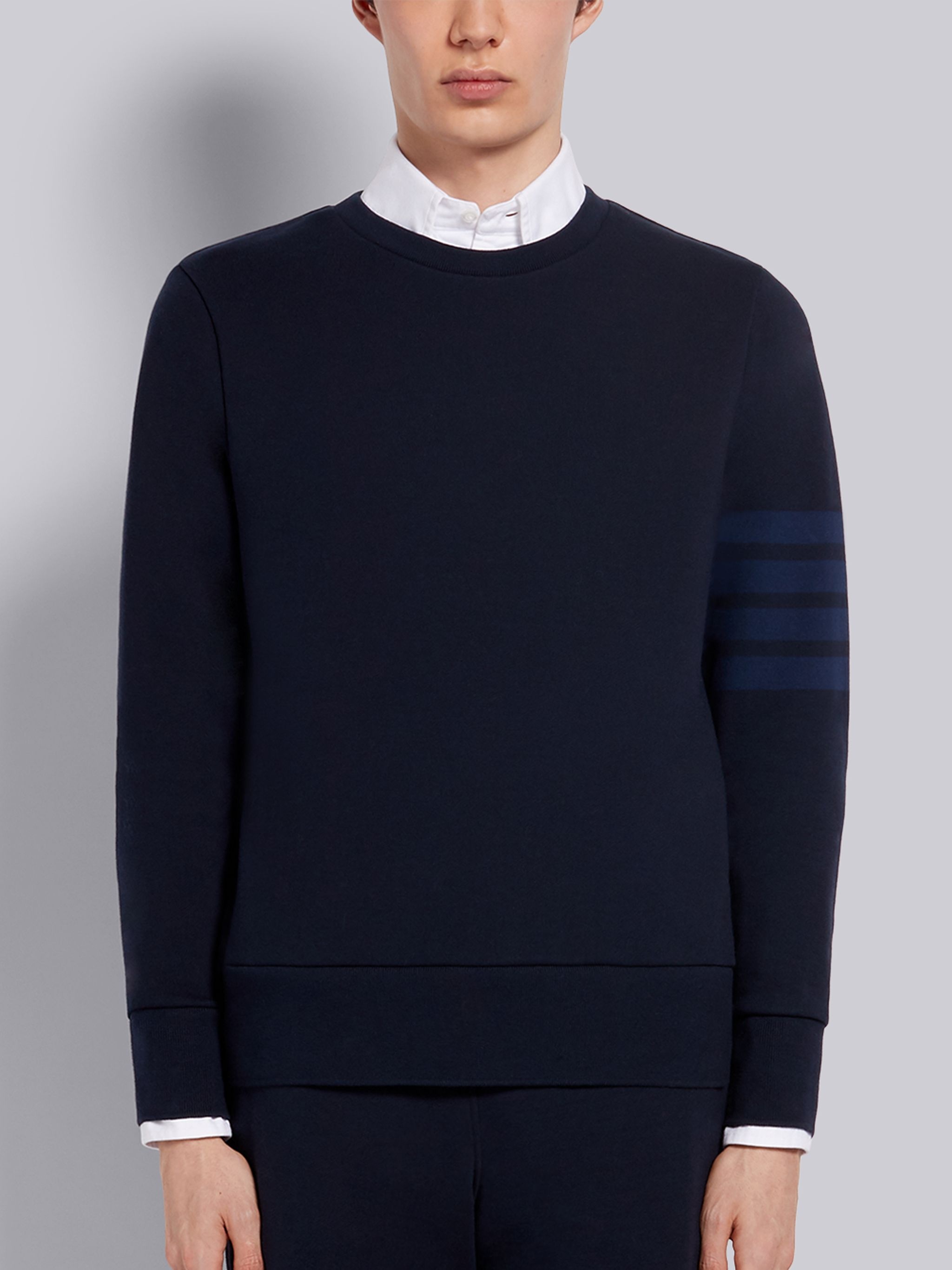 Navy Cotton Loopback Relaxed Fit Tonal 4-Bar Crewneck Sweatshirt - 1