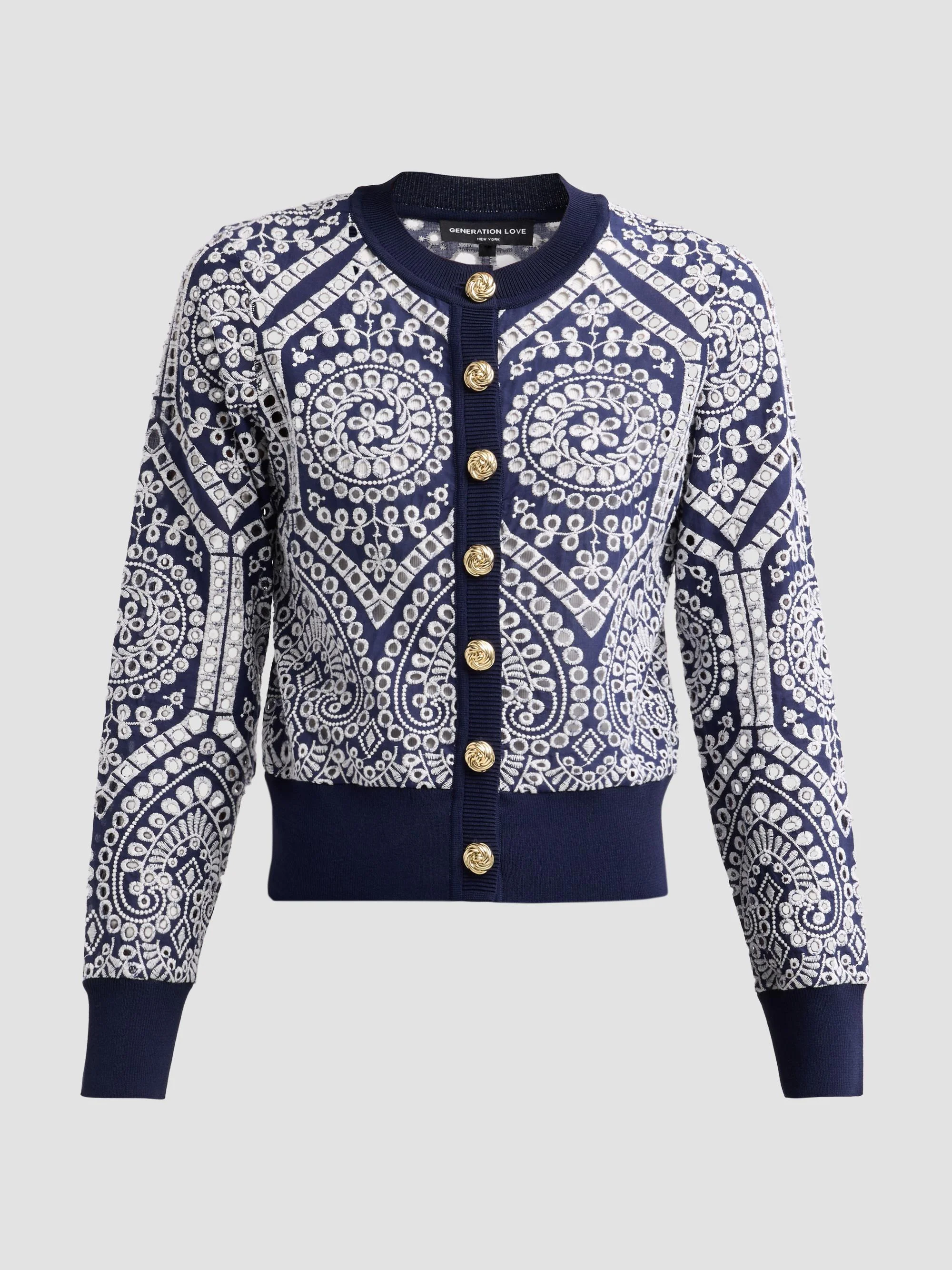 Women's Erin Cotton Eyelet Cardigan - Navy White - 1