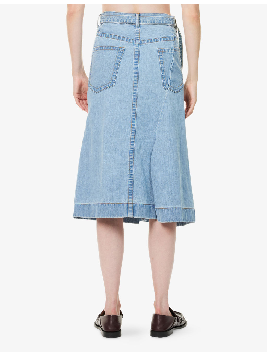 Flared Asymmetric Denim Midi Skirt - 4