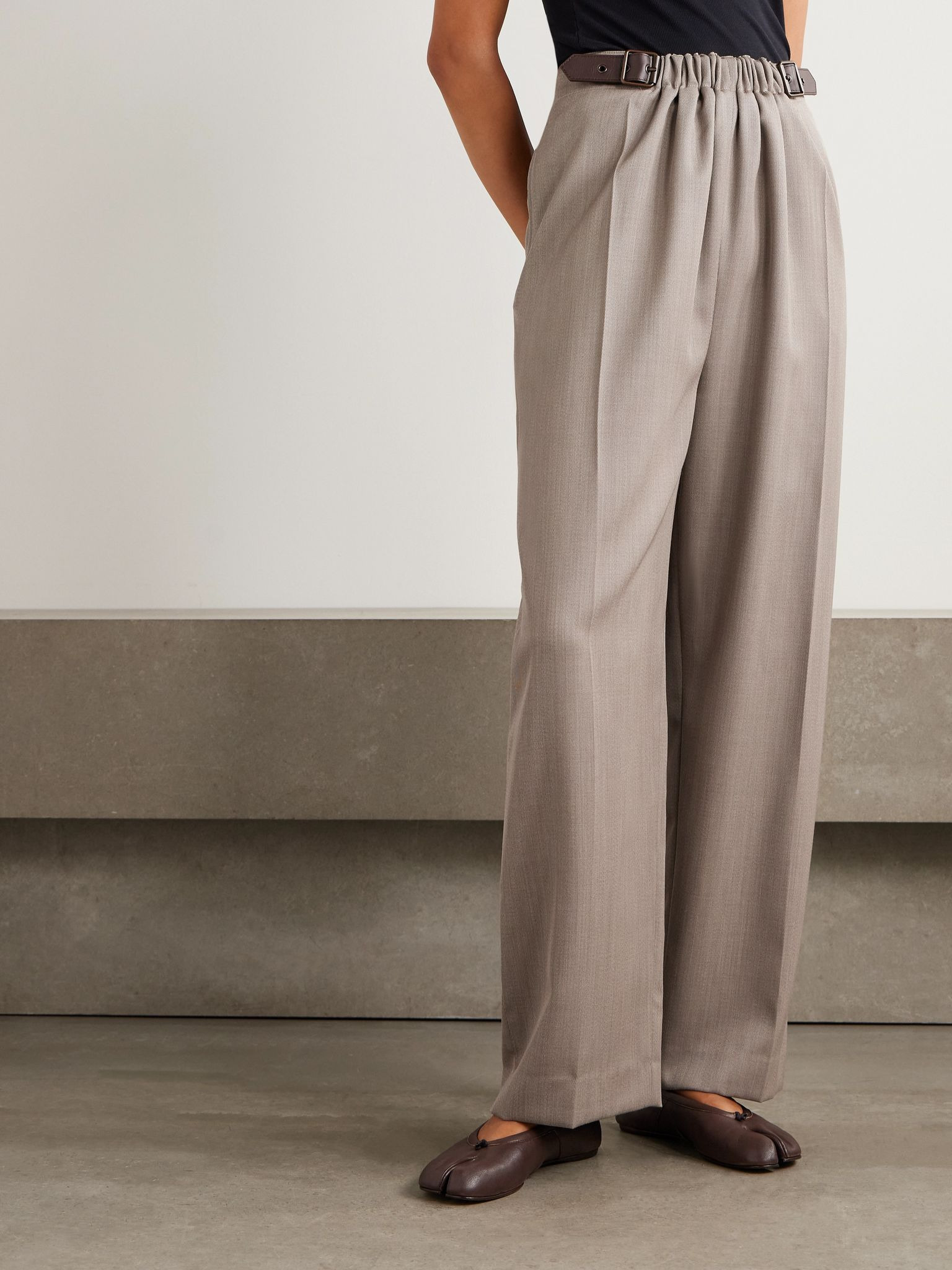 Leather-trimmed pleated wool-twill straight-leg pants Beige - 3