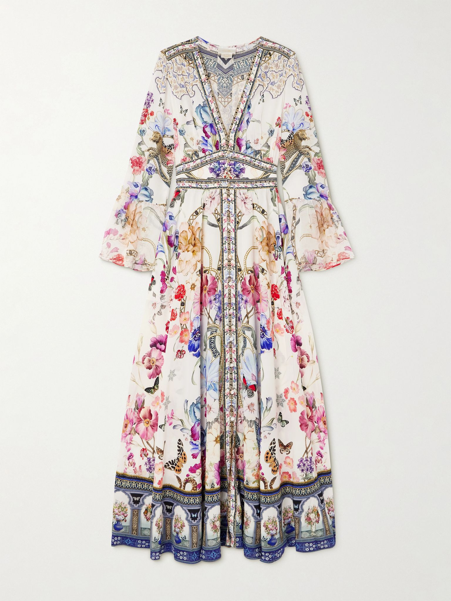 Crystal-embellished ruffled floral-print silk maxi dress Off-white - 1