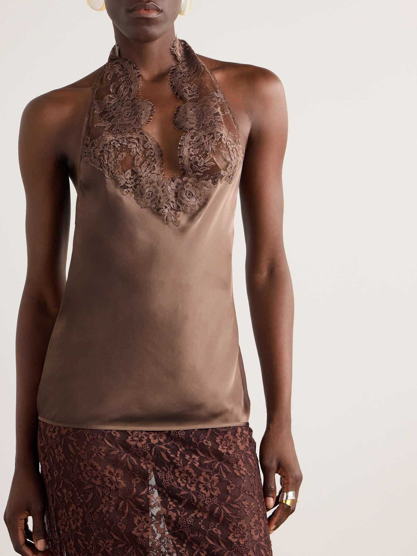 Lace-trimmed silk halterneck tank - 3