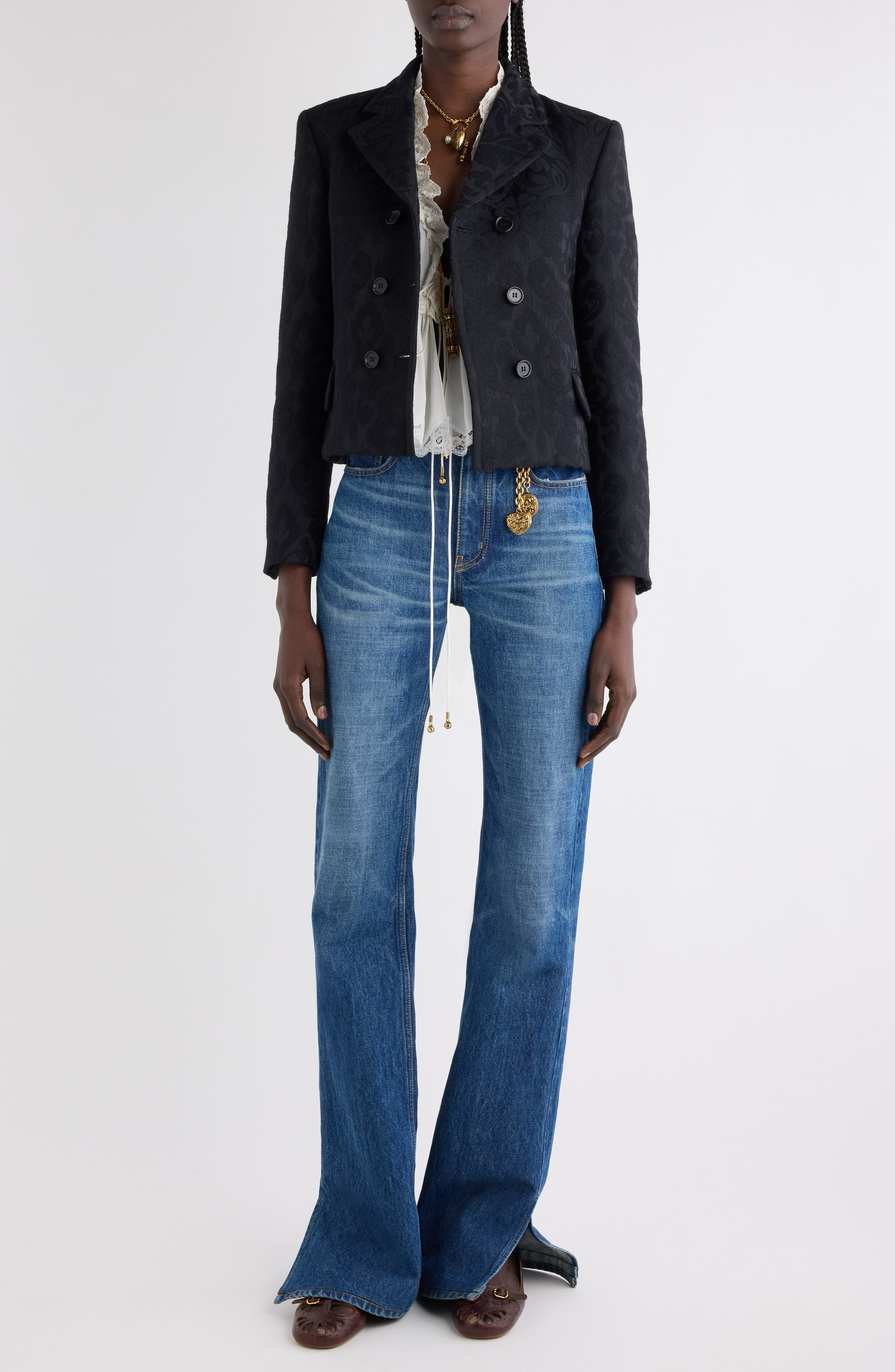 Chloé Double Breasted Floral Jacquard Wool Blend Crop Jacket in Black at Nordstrom - 2