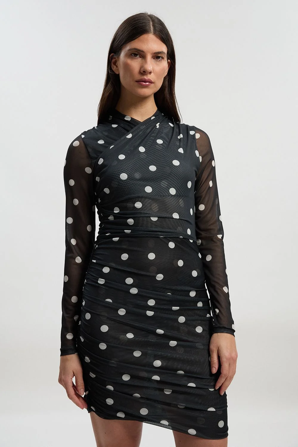 Polka Dot Mesh Ruched Long Sleeve Mini Dress - 1