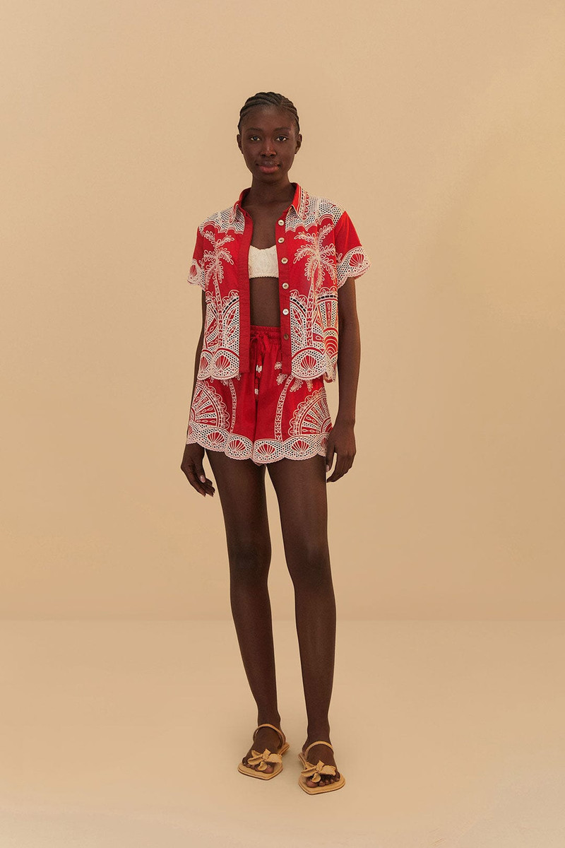 FARM RIO Red Palm Trees Embroidered Organic Cotton Short outlook