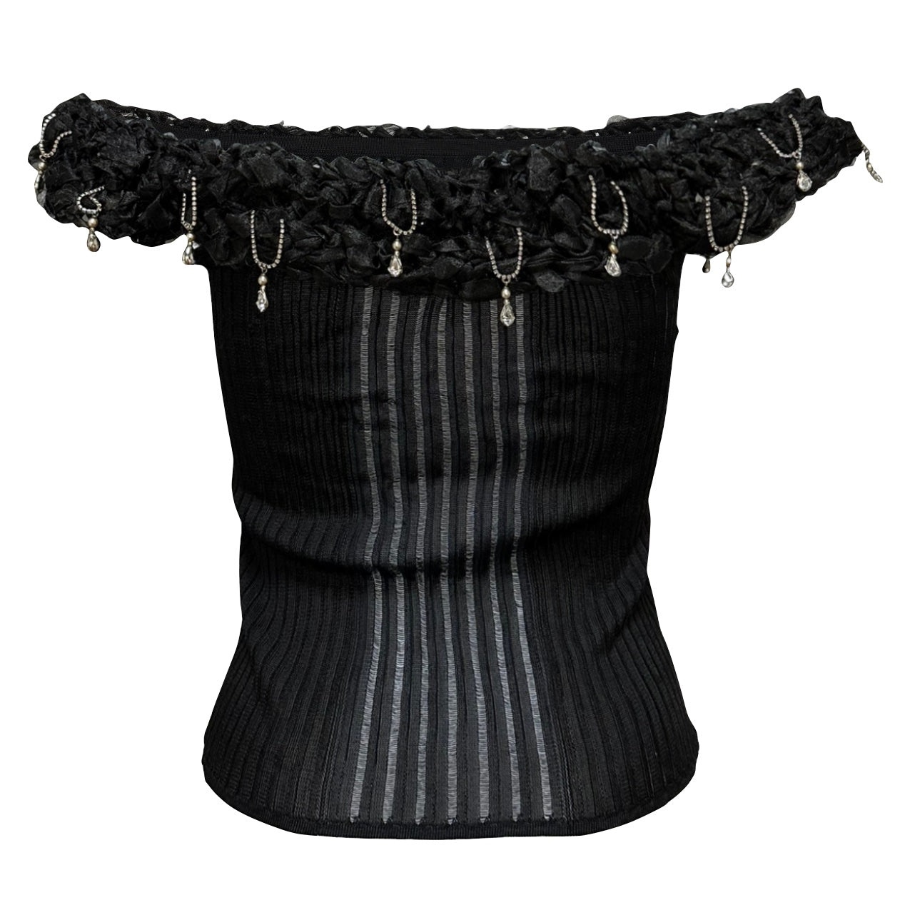 CHRISTIAN DIOR Spring Summer 2003 Rib Knit Off Shoulder Jewel Top - 2