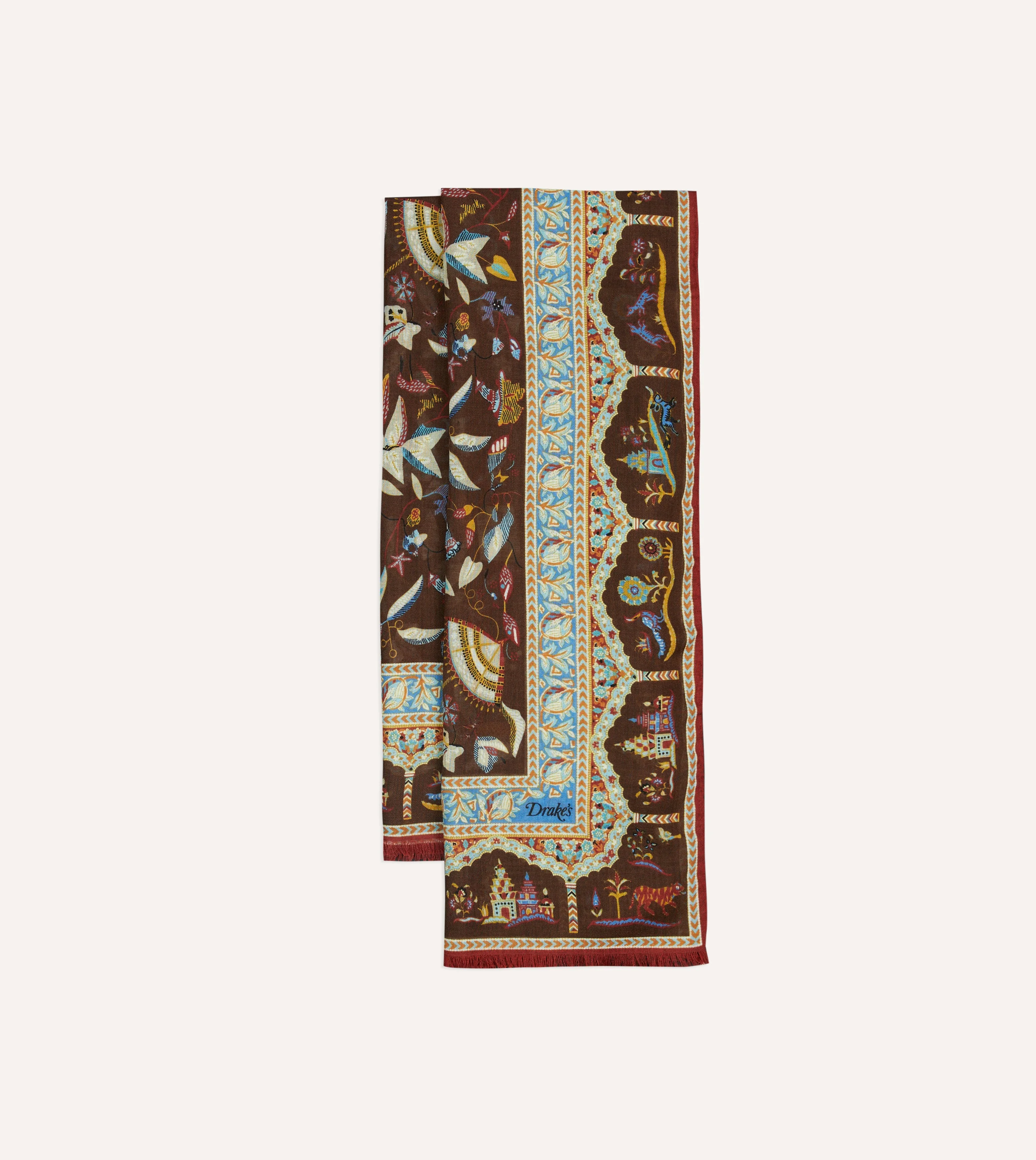 Brown Classic Mughal Print Wool Silk Scarf - 1