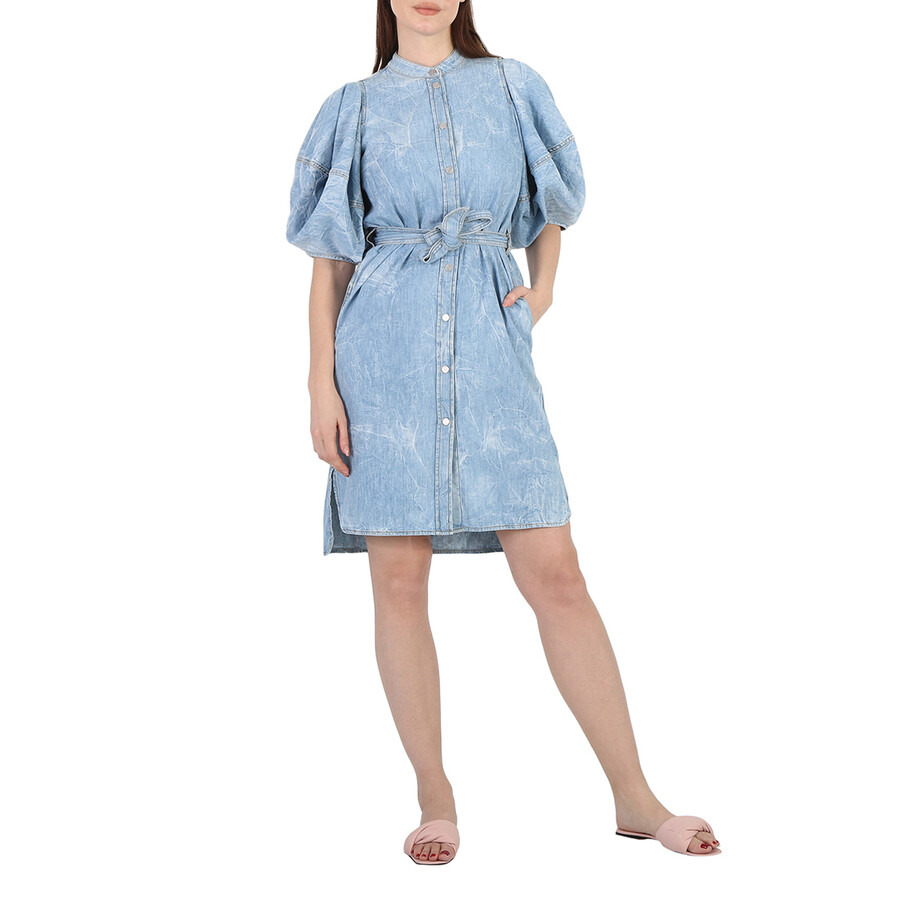 Stella Mccartney Crinkle Blue Denim Puff Sleeve Dress - 4