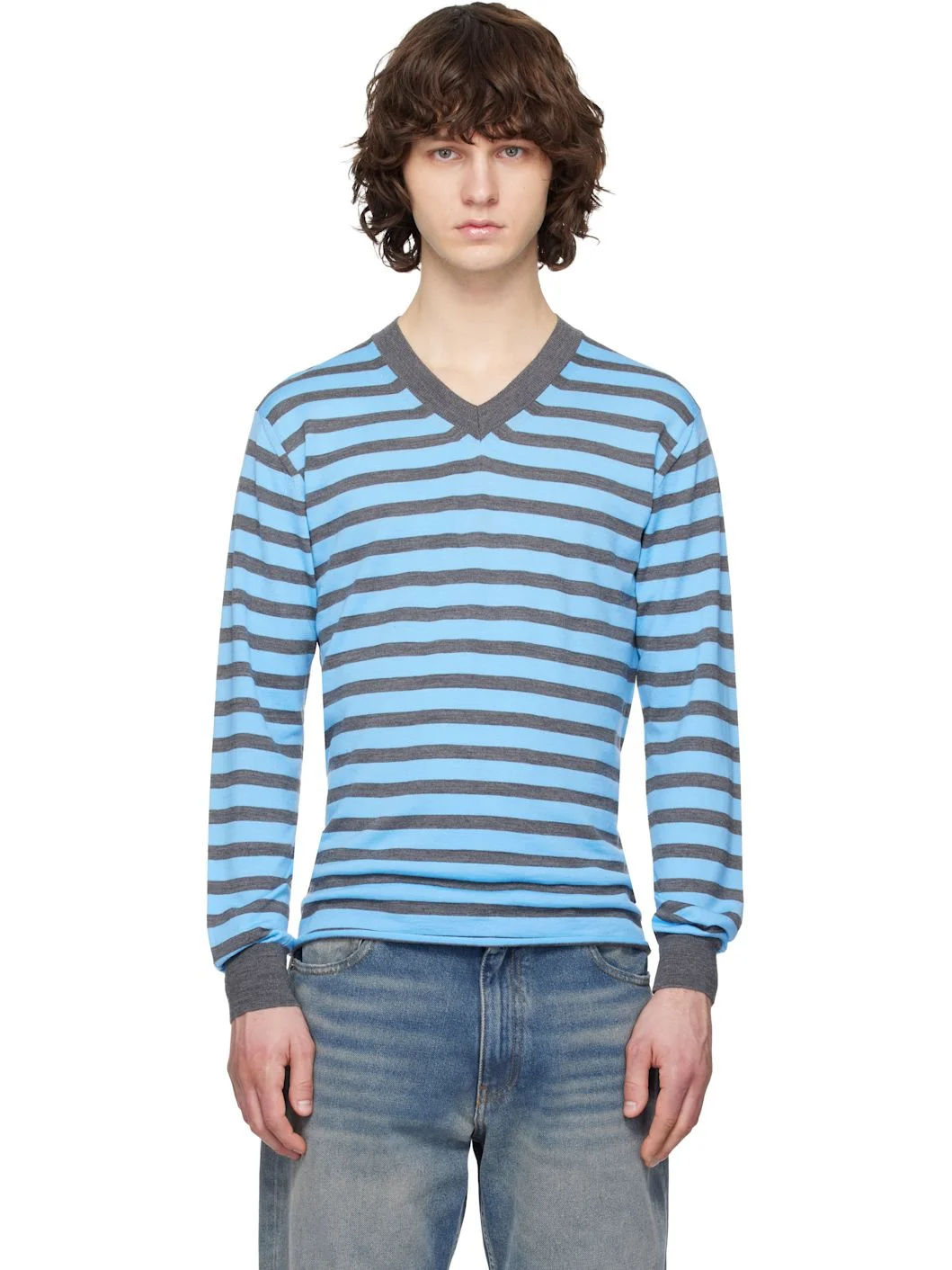 Blue & Gray Worsted Wool Jersey Stripe Sweater - 1