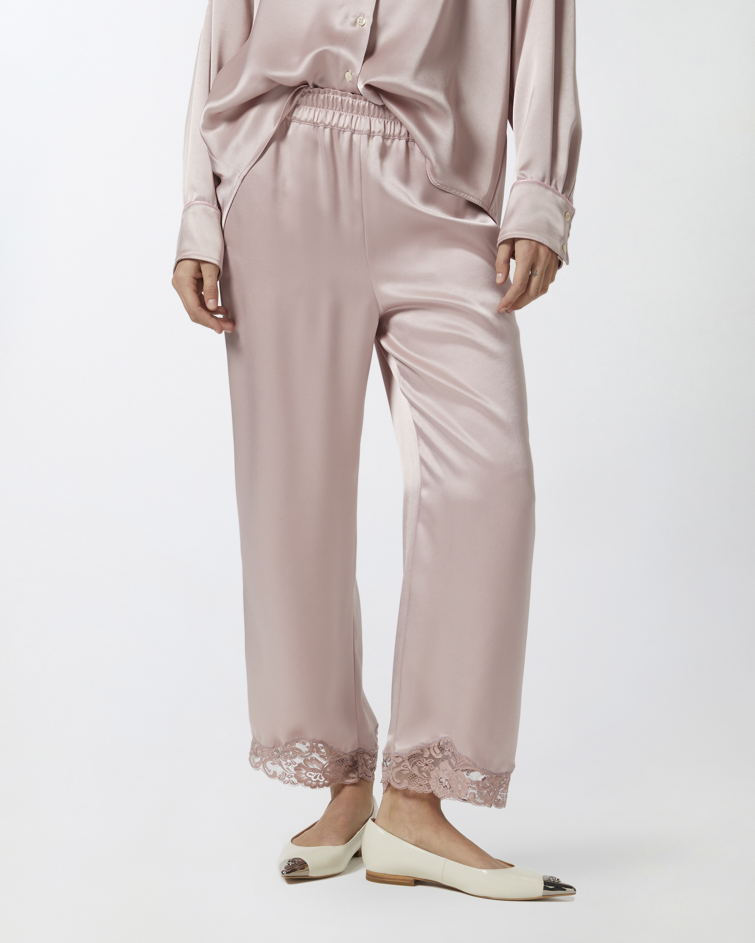 SATIN PALAZZO TROUSERS WITH LACE AT THE BOTTOM - 3