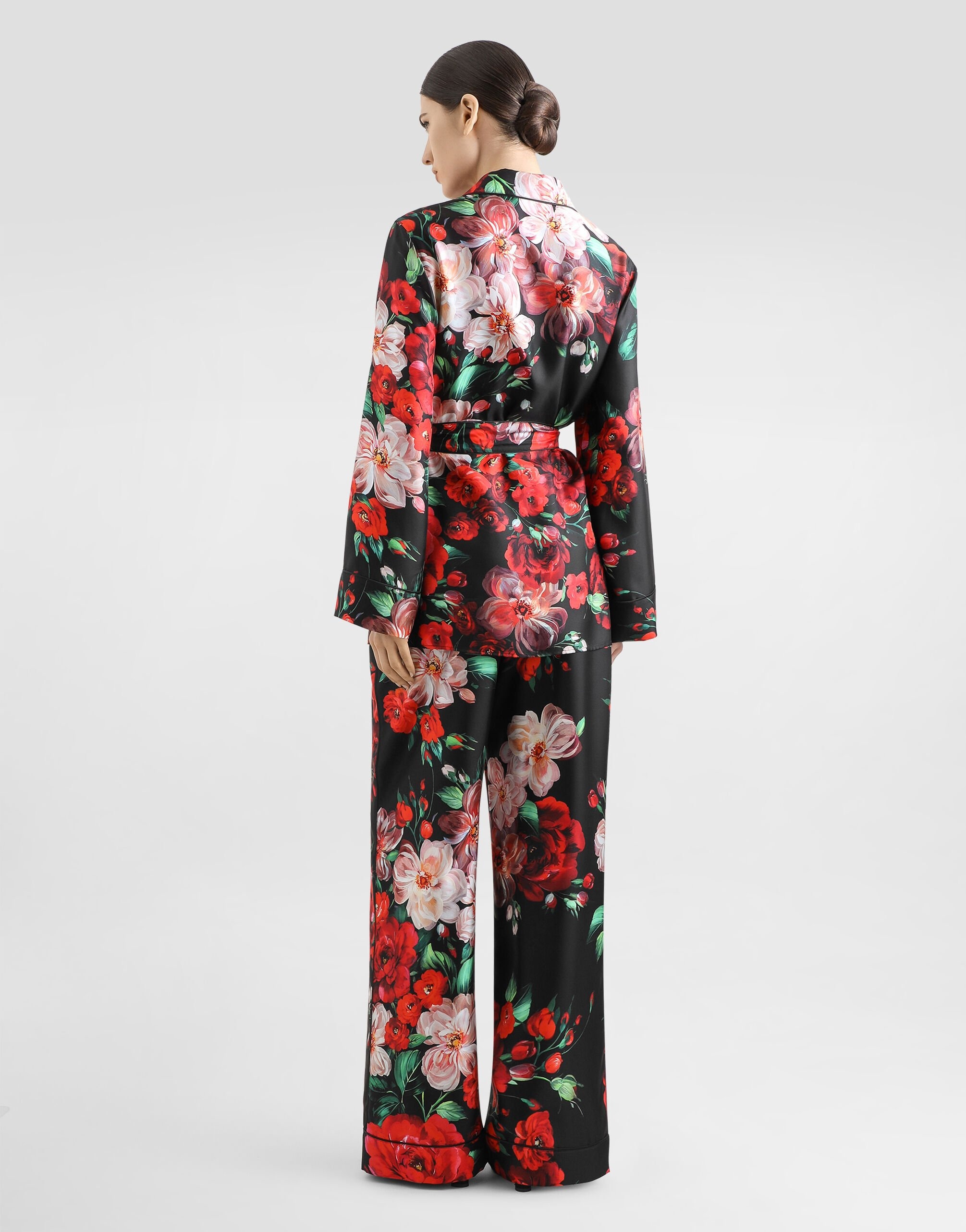 Long-sleeved twill pajama shirt with rose print - 3