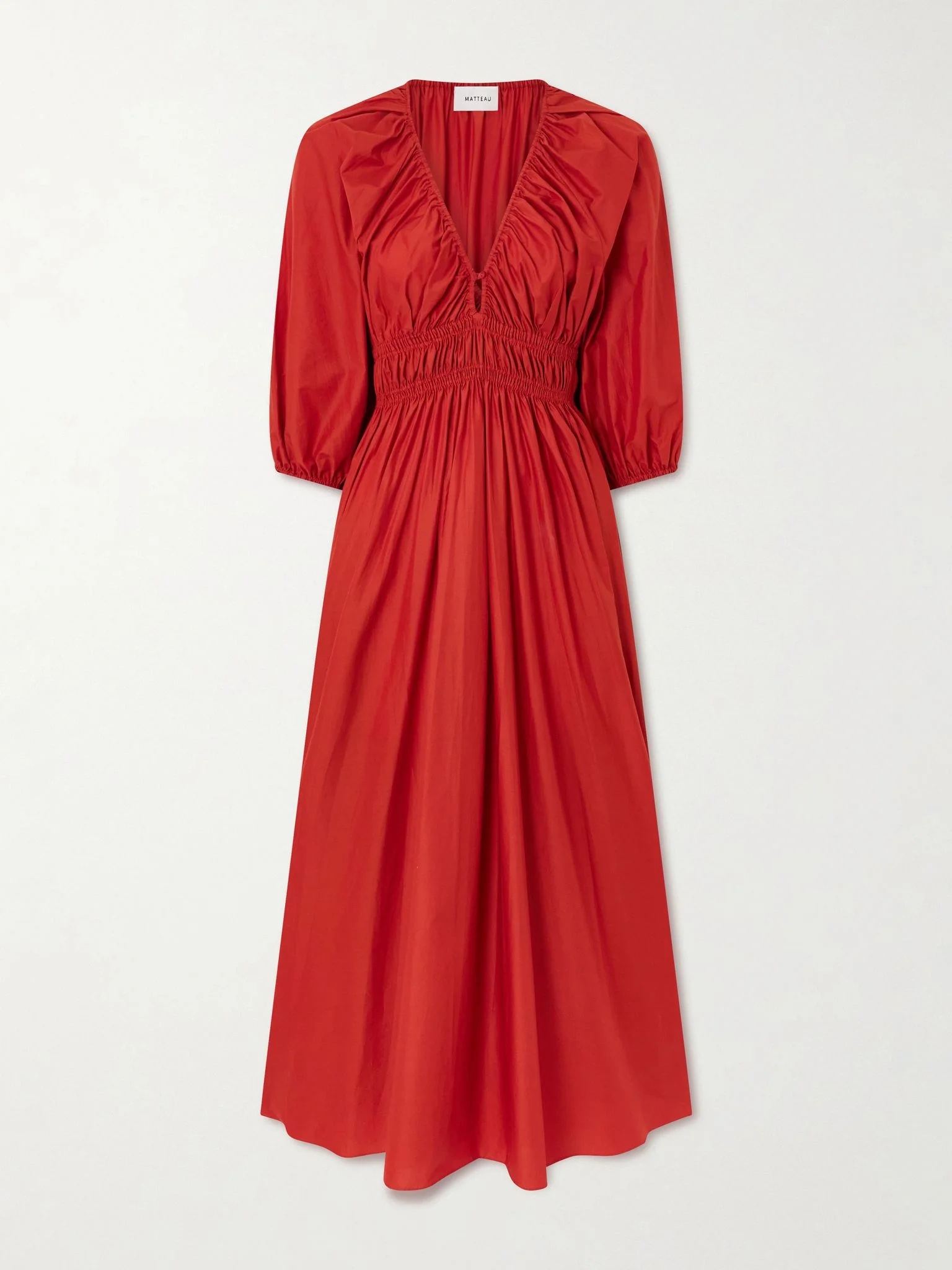Shirred organic cotton-poplin maxi dress Red - 1