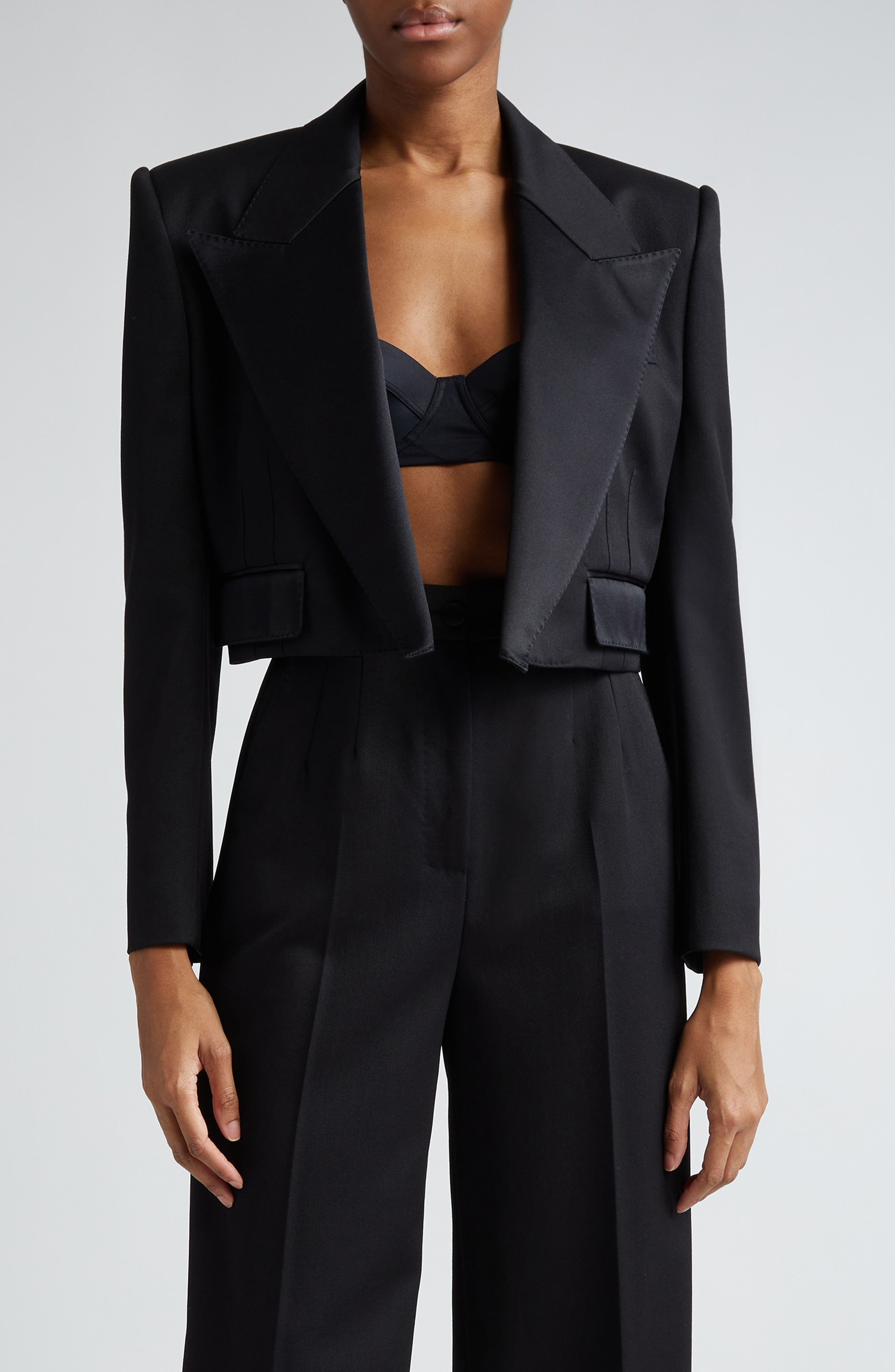 Wool Blend Crop Tuxedo Jacket - 1