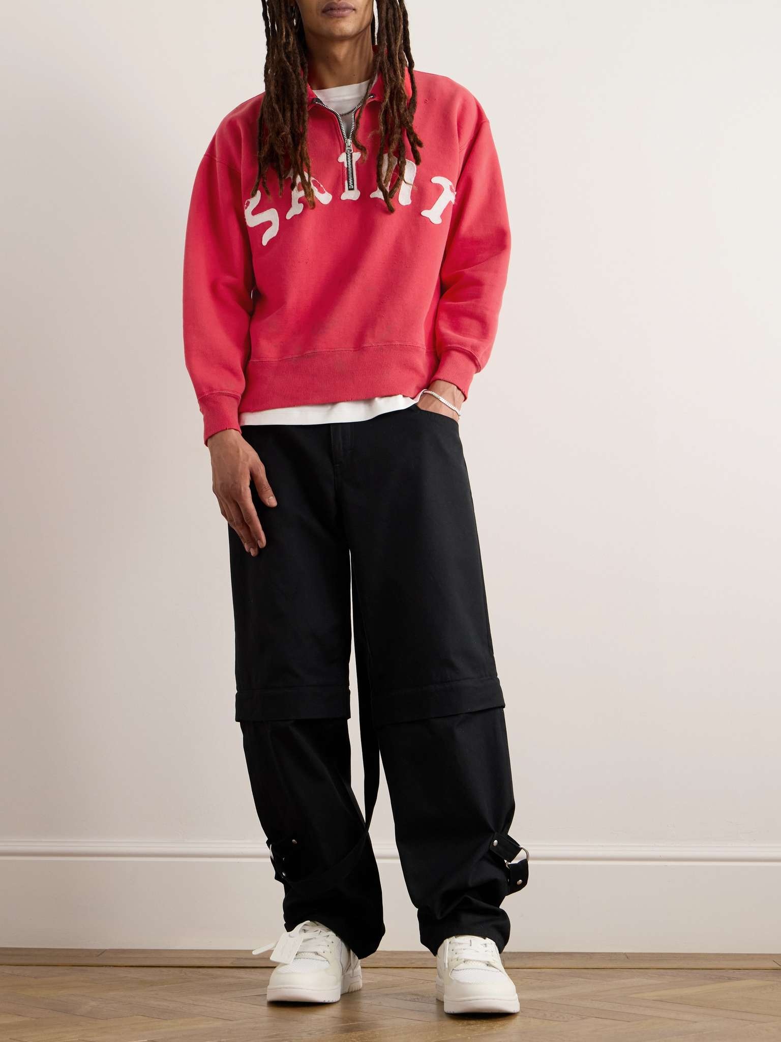 スウェット・トレーナー SAINT MXXXXXX Saint logo half-zip cotton sweatshirt SAINT M×××××× Distressed Logo-Appliquéd Cotton-Jersey Half