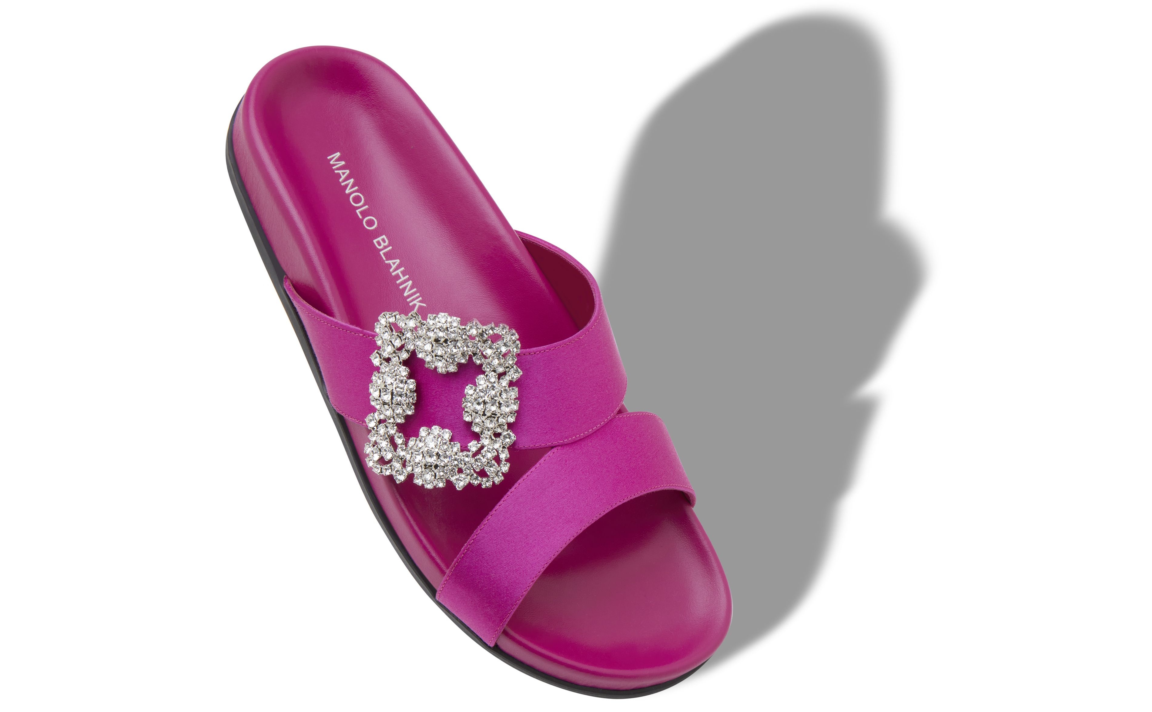 Fuchsia Satin Jewel Buckle Flat Mules - 2