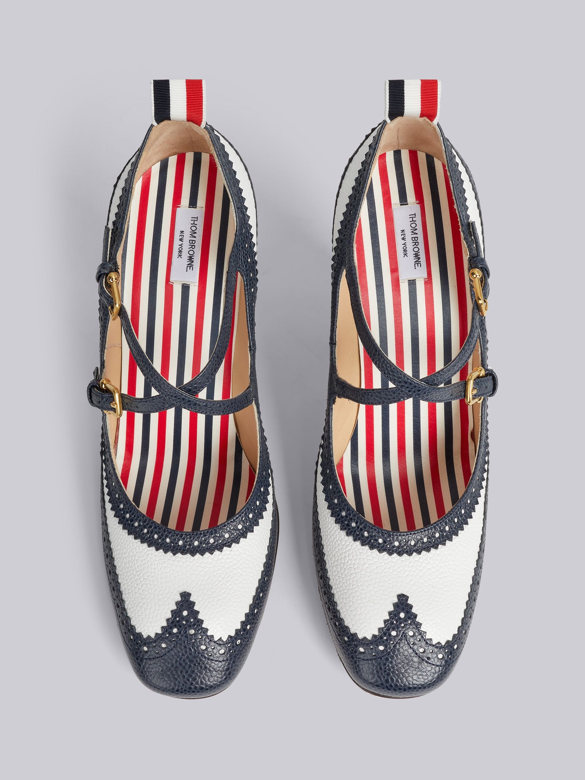 Navy Pebble Grain Leather 105mm Block Heel Brogued Criss Cross Thom John - 4