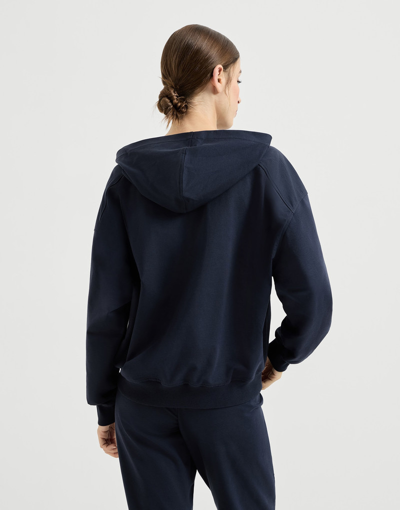 Brunello Cucinelli Stretch cotton lightweight French terry hooded sweatshirt with zipper and shiny trims outlook