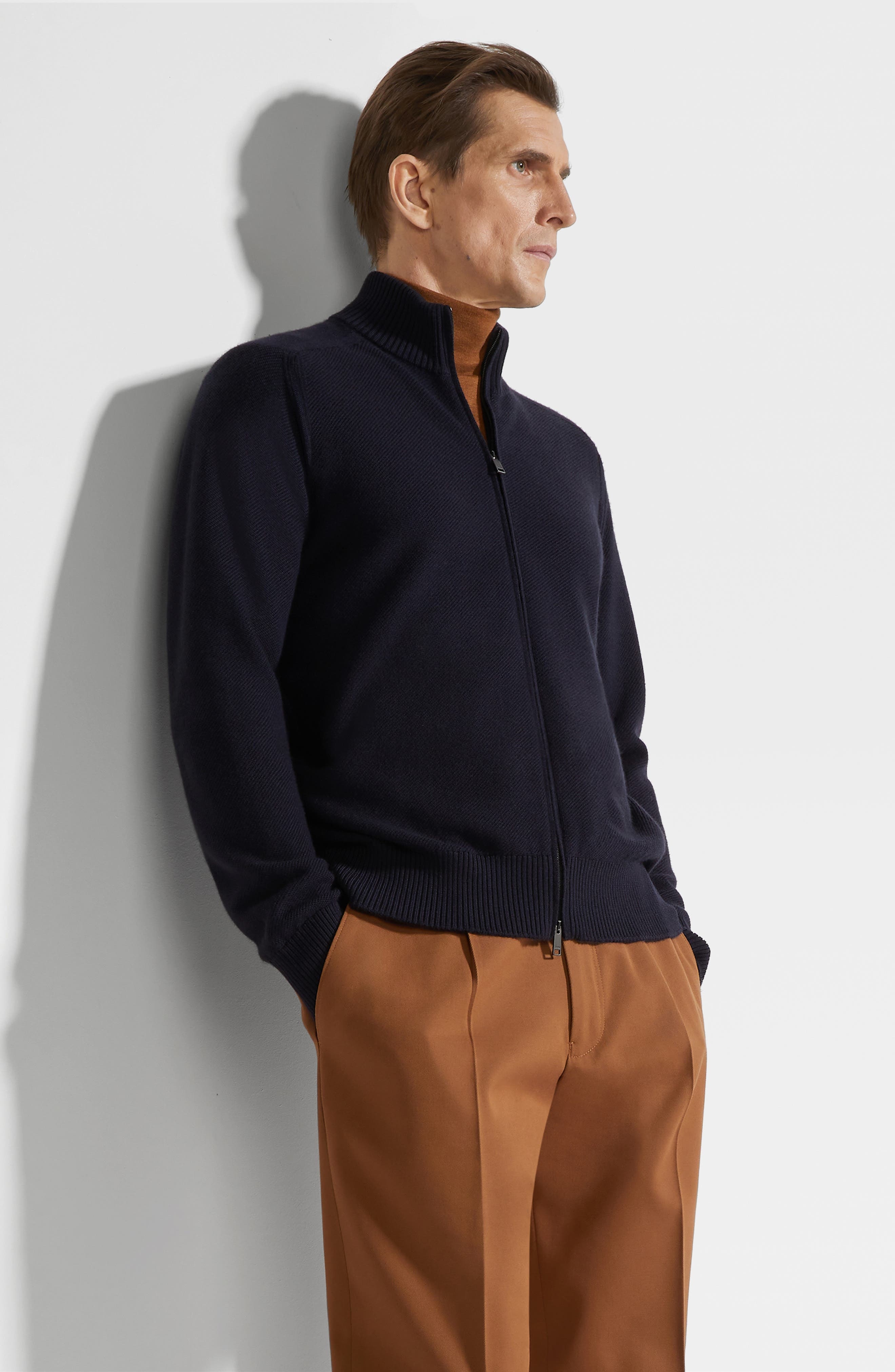 ZEGNA Cashseta Cashmere & Silk Mock Neck Zip Sweater in Navy at Nordstrom - 5