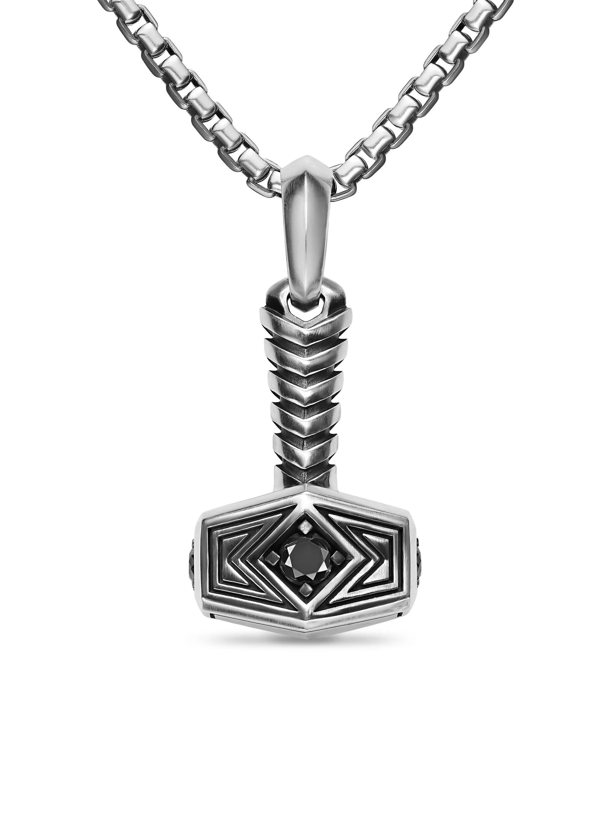 Men's Thor Hammer Amulet in Sterling Silver with Black Diamonds, 25MM - Black Diamond - 1