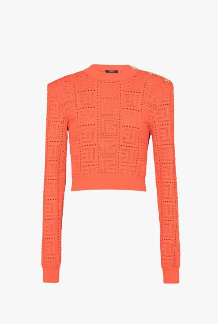 Cropped dark orange eco-designed sweater with Balmain monogram - 1
