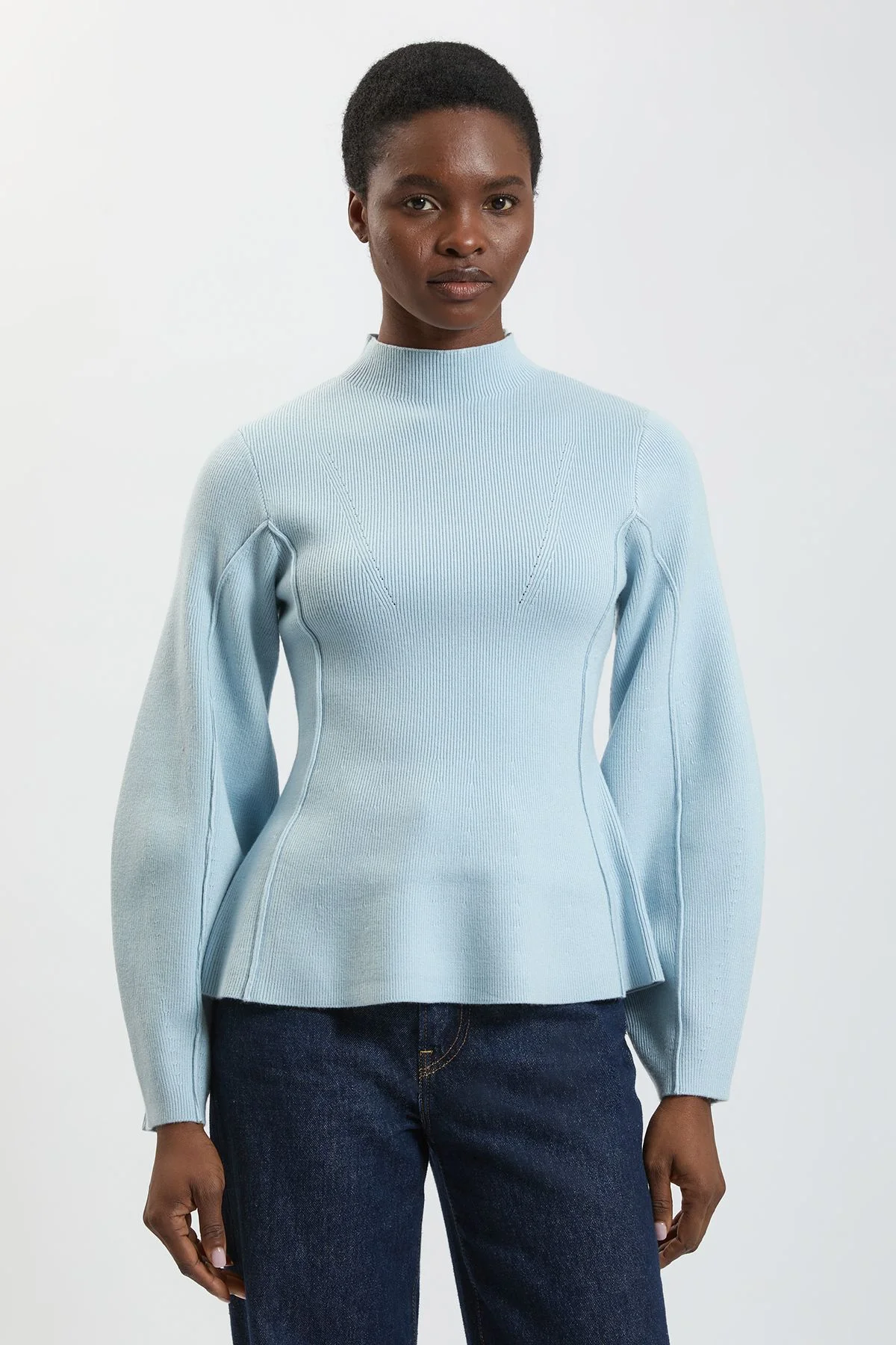 Knit Wool Look Rounded Sleeve High Neck Jumper - 1