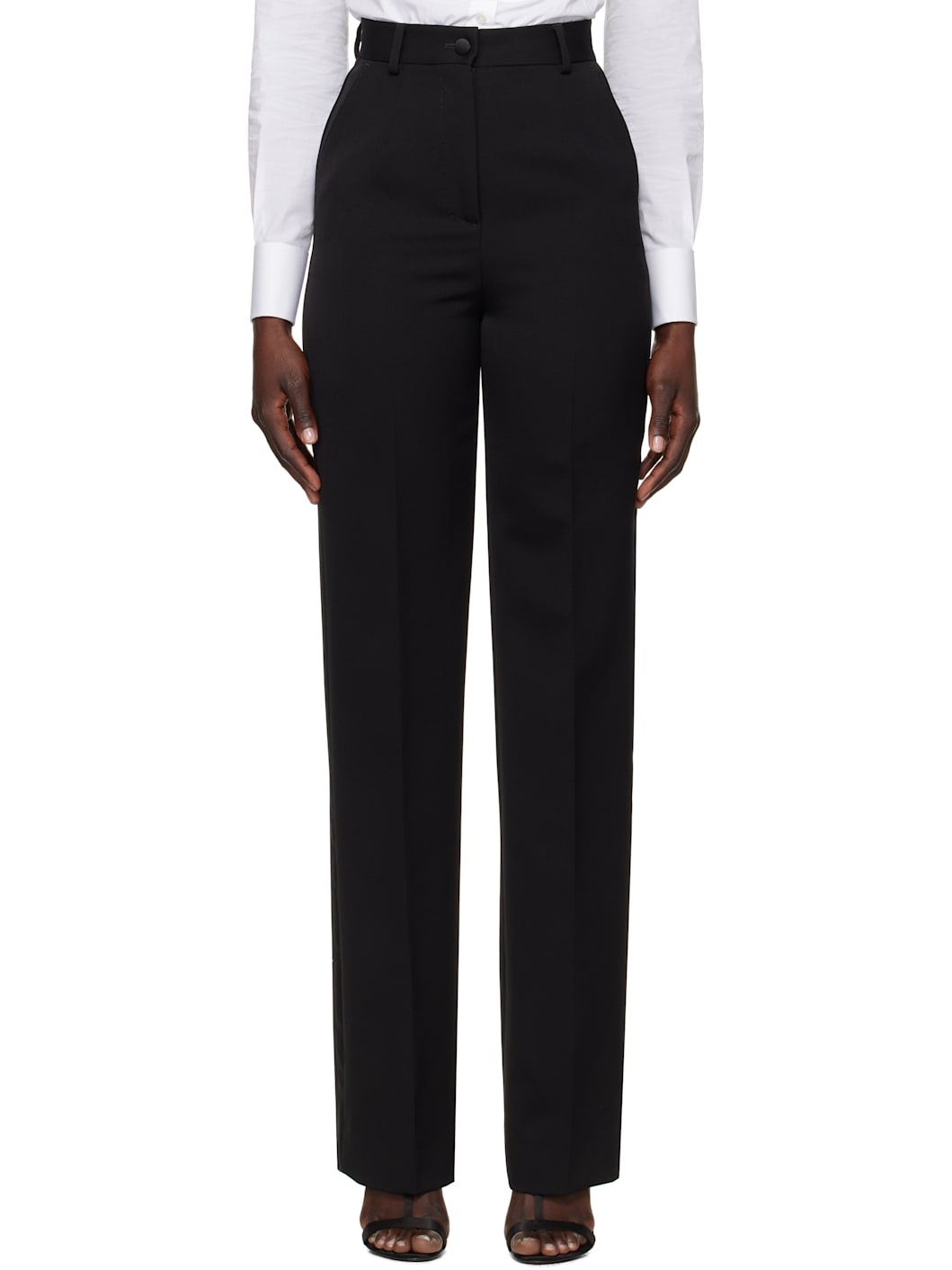 Black Wool Gabardine Tuxedo Trousers - 1
