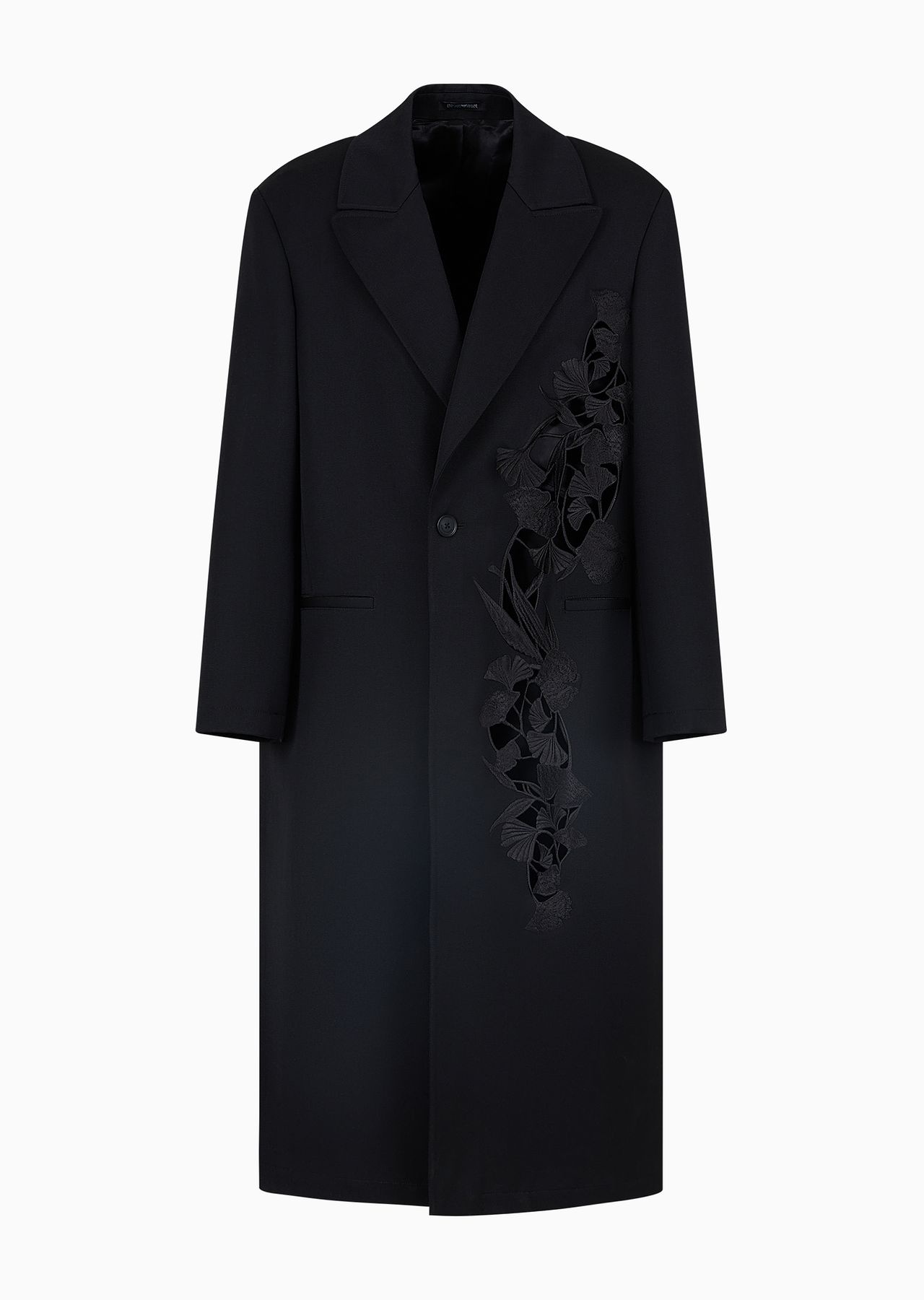 Single-breasted coat in compact virgin wool gabardine with ginkgo embroidery and cut-outs - 1