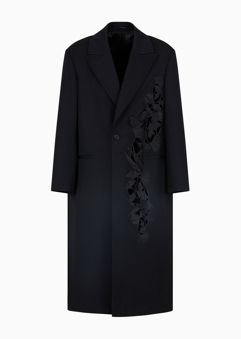 Single-breasted coat in compact virgin wool gabardine with ginkgo embroidery and cut-outs 1