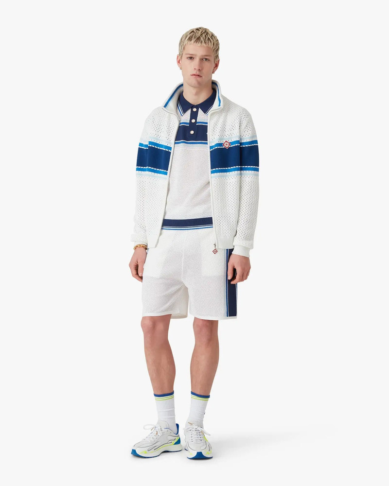 CASABLANCA White & Blue Striped Mesh Track Shorts | Casablanca Paris outlook