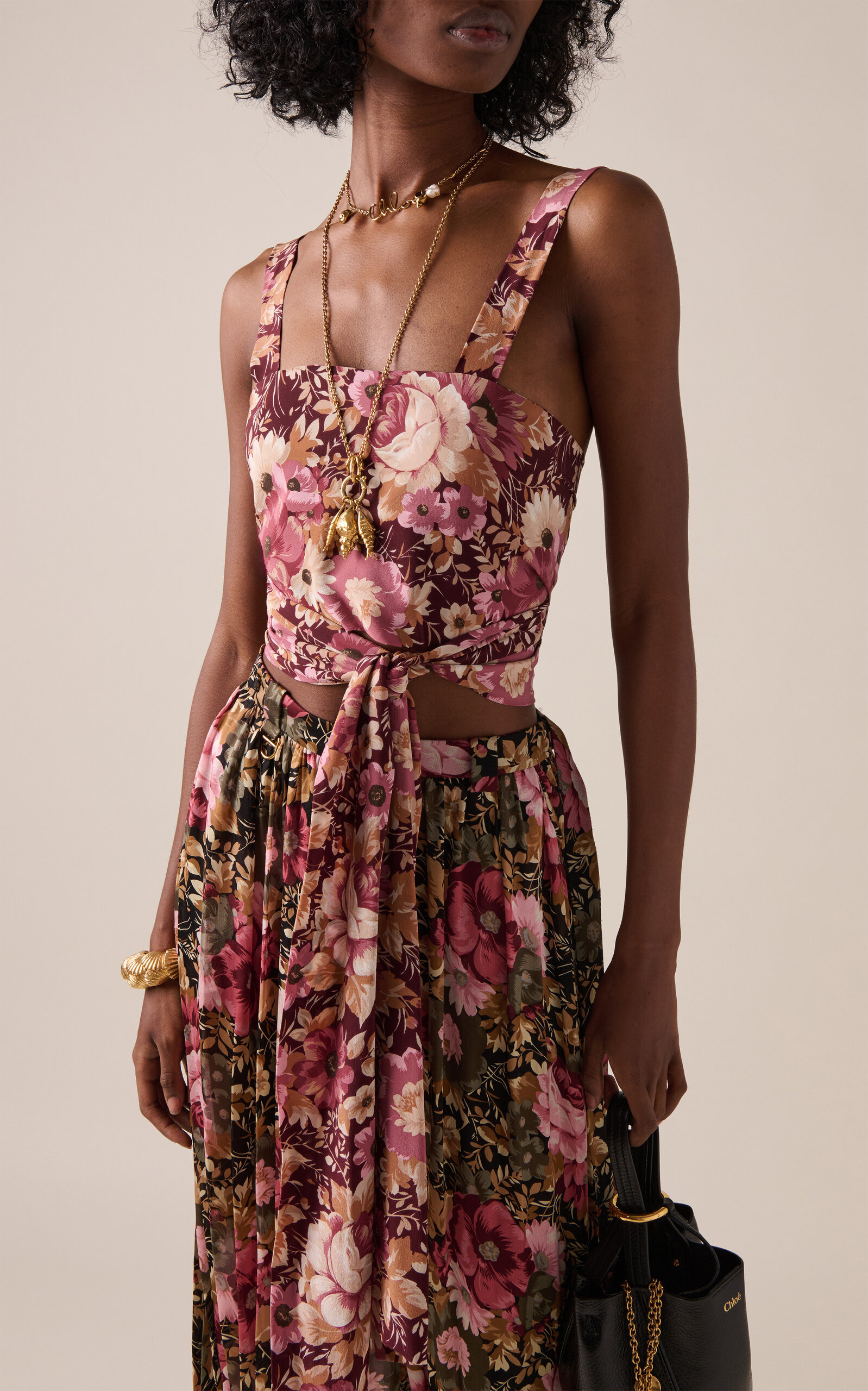 Tie-Detailed Organic Silk Crepe De Chine Crop Top multi - 2