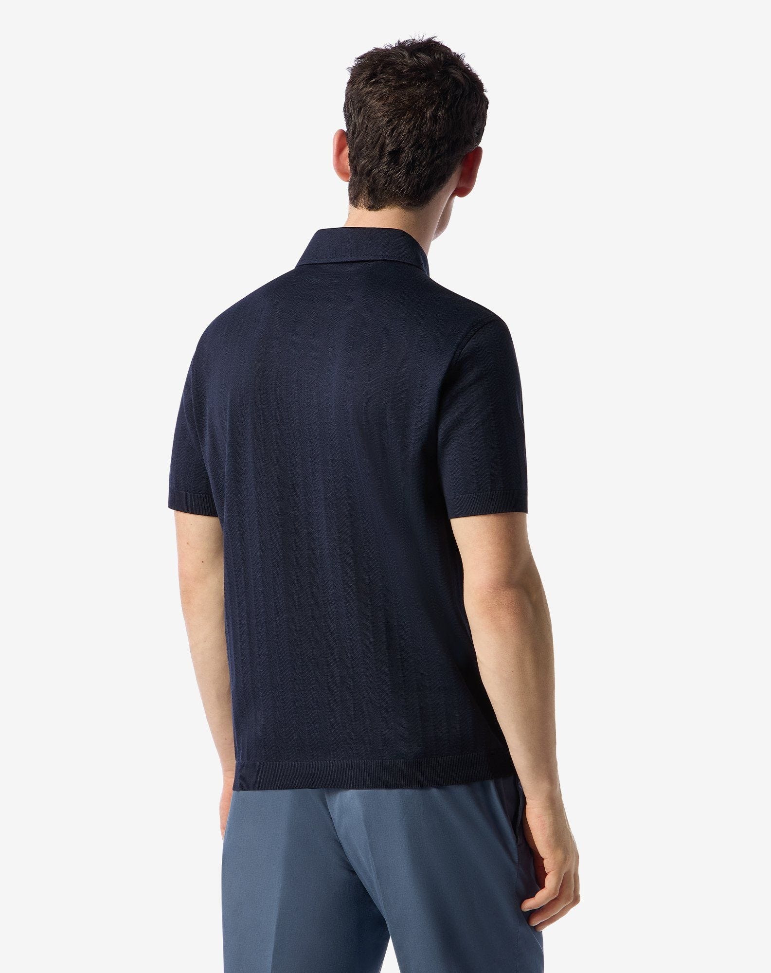 Navy blue button-up lisle thread polo shirt - 3