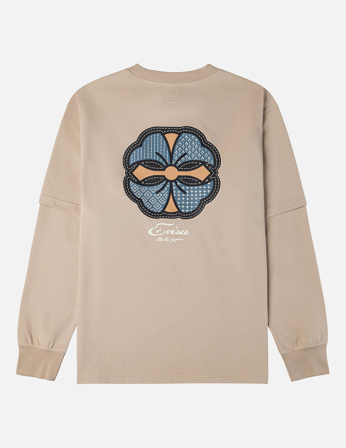 Sashiko-style Kamon Print Fashion Fit 2-in-1 Design Long-sleeve T-shirt - 3