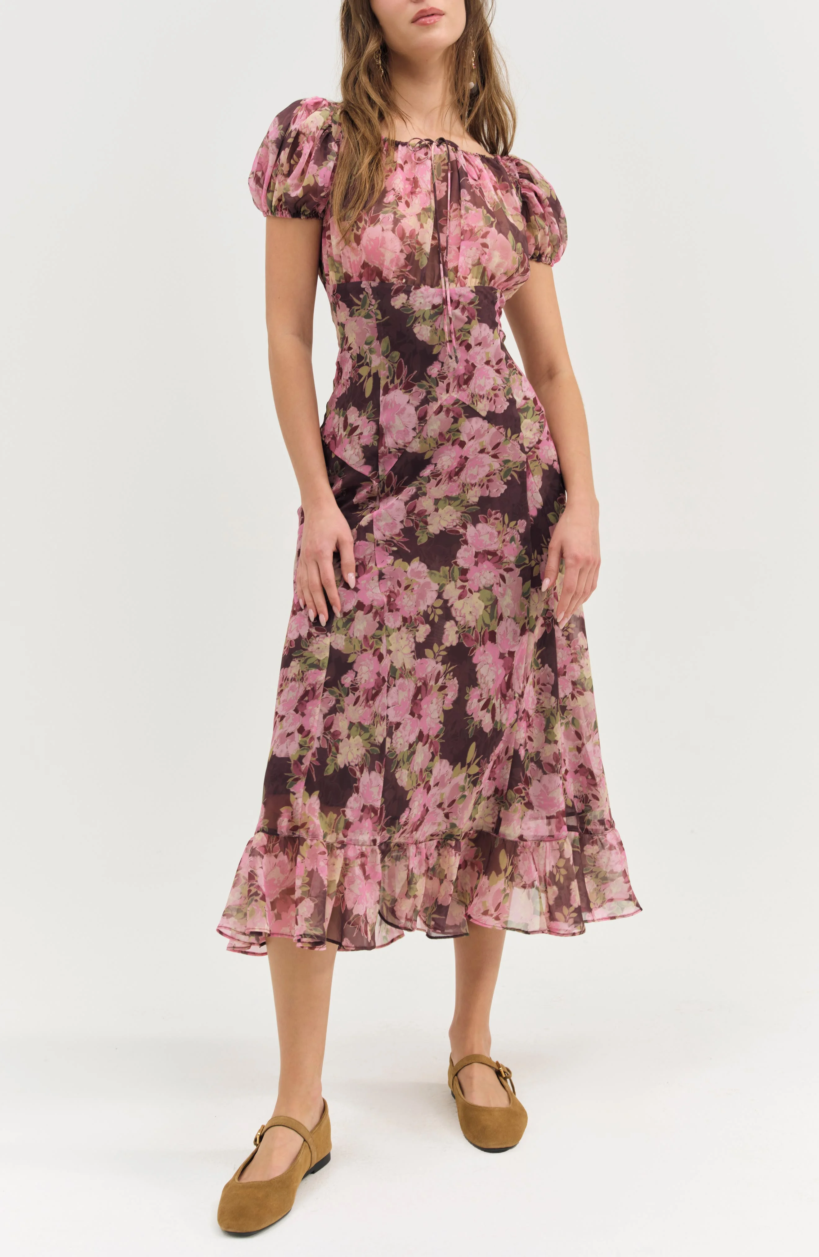 For Love & Lemons Adeline Floral Midi Dress in Brown at Nordstrom - 1