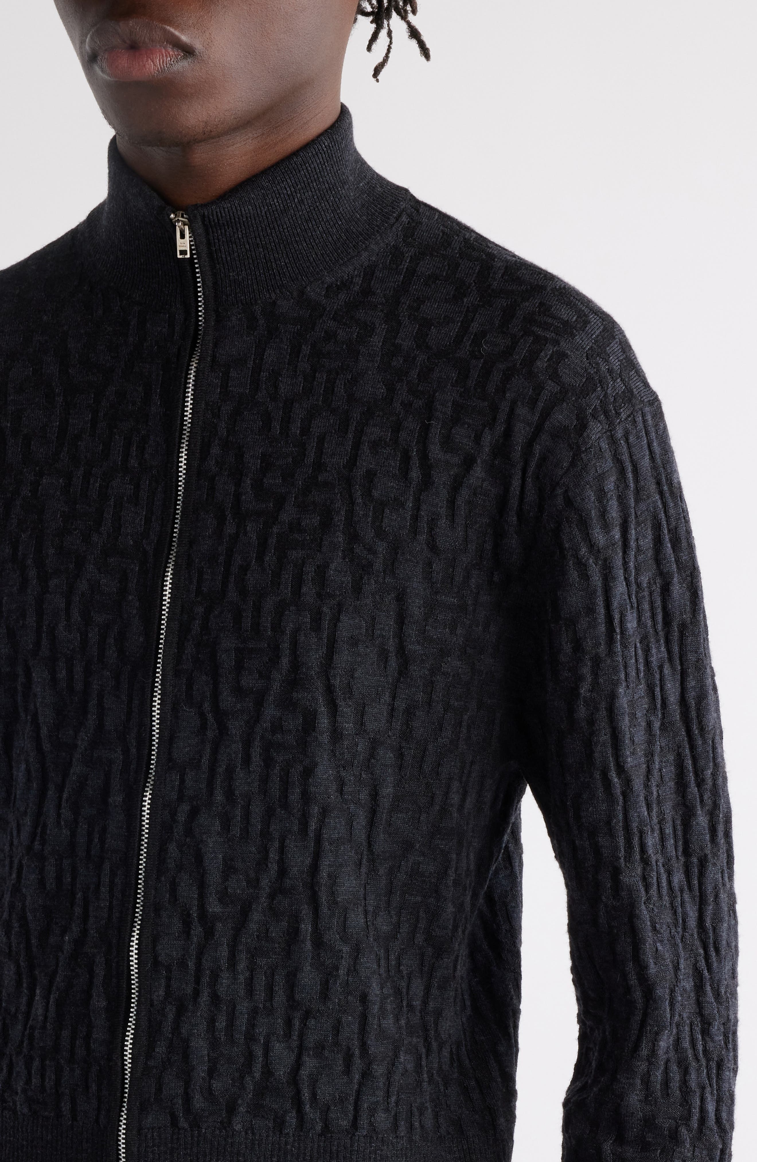 Acne Studios Debossed Zip-Up Wool Cardigan in Black/Grey at Nordstrom - 5