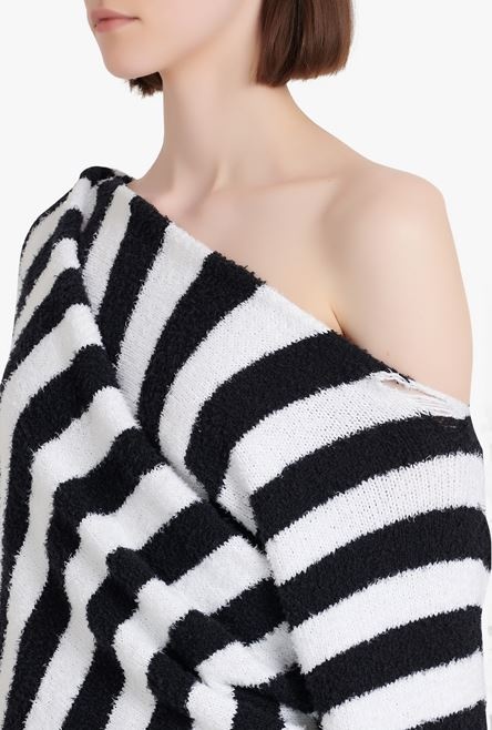 Black and white striped eco-designed cotton cropped sweater - 8