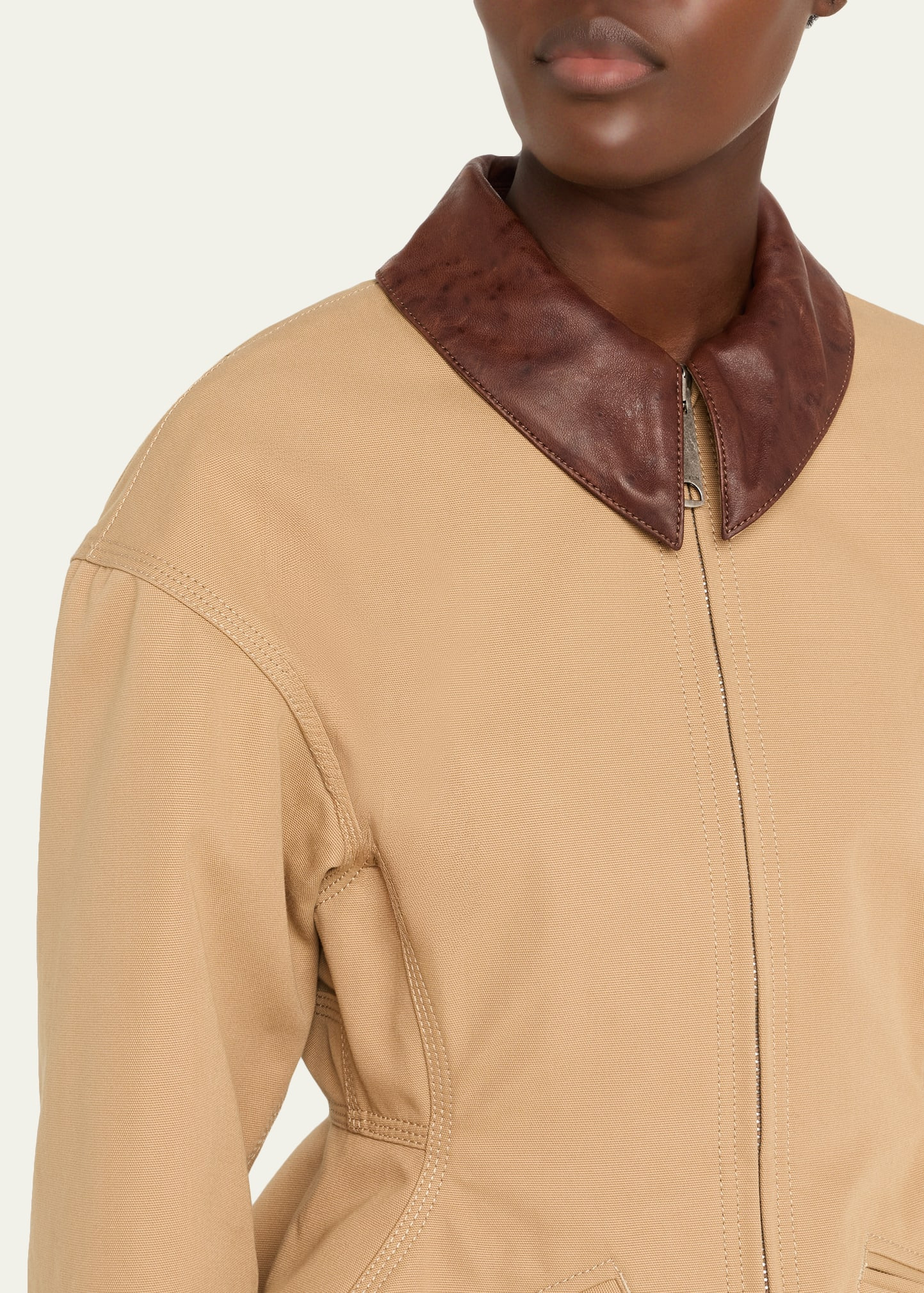 Waisted Canvas Full-Zip Jacket with Lambskin Collar - 5