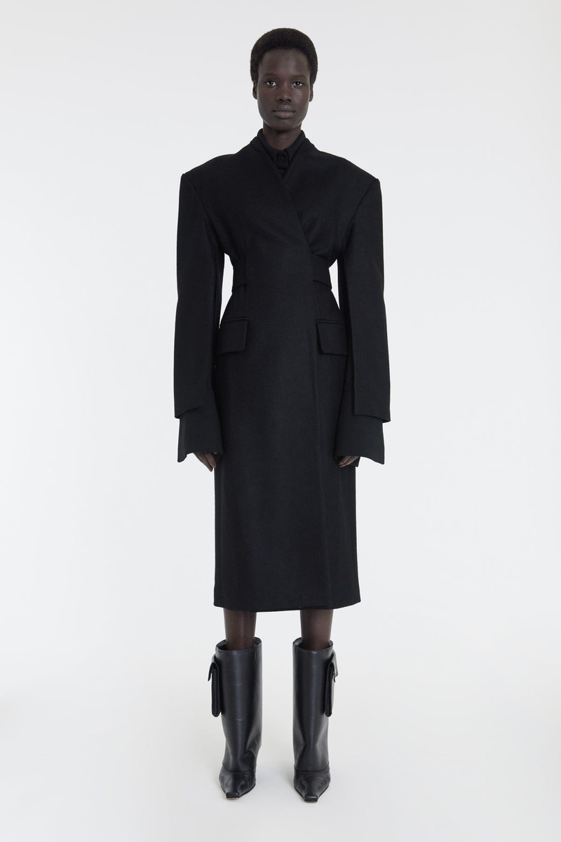 OPEN SLEEVE BELTED WRAP AROUND FITTED COAT BLACK 1