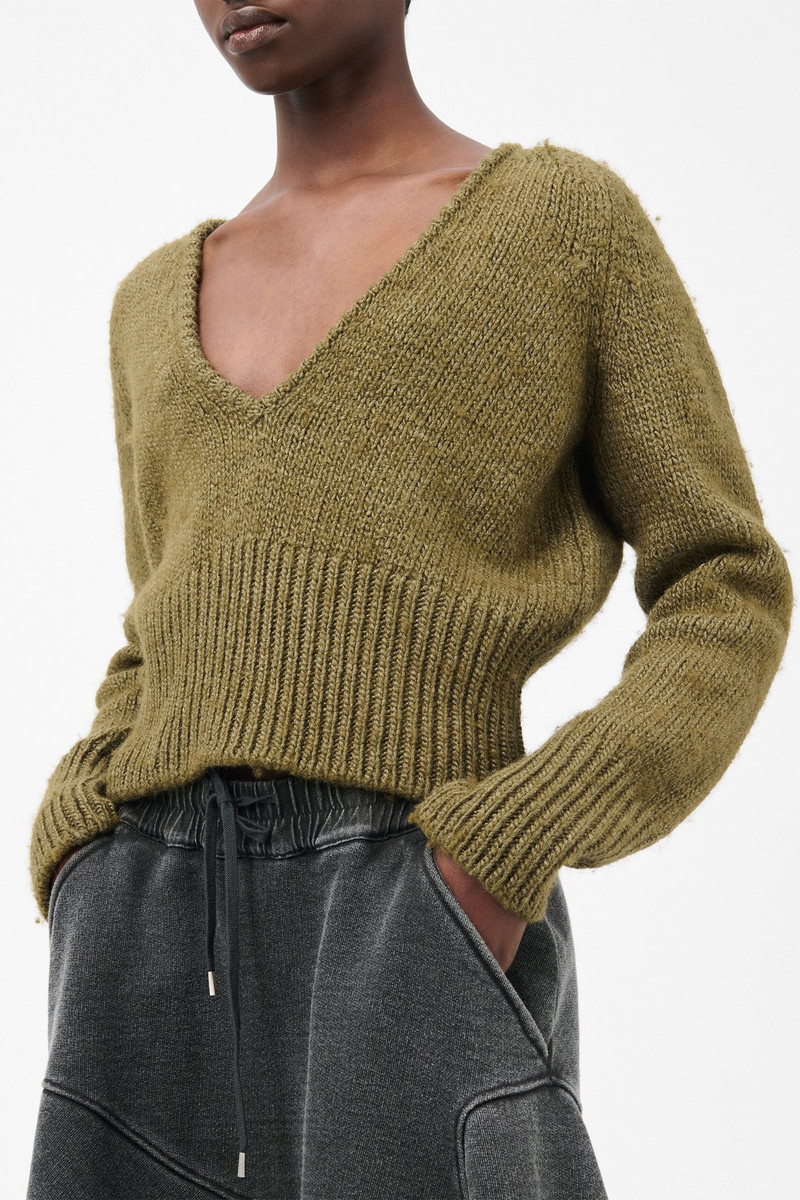 Sharp V-Neck Flush Green Rustic Wool Silk 4