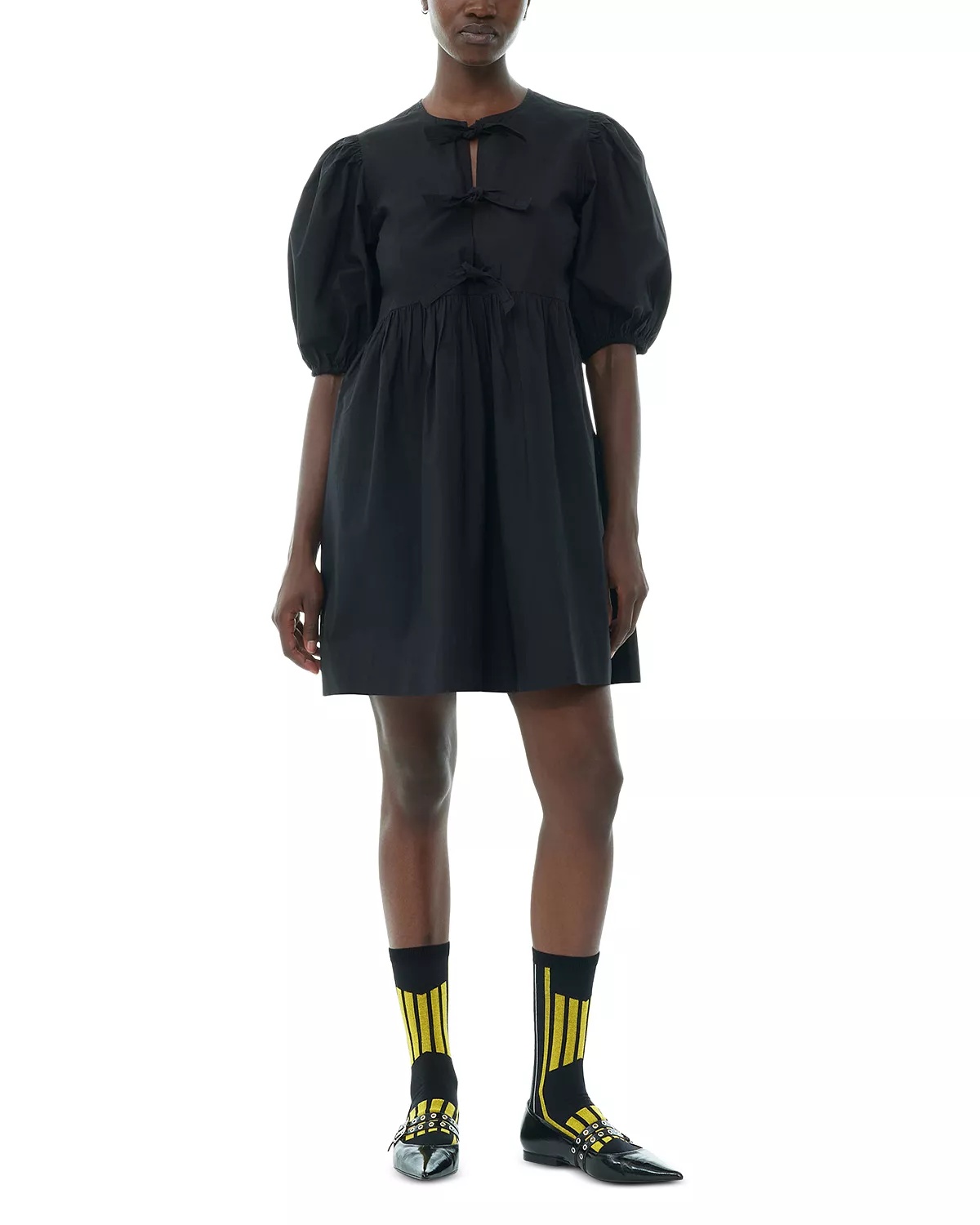 Black Cotton Poplin Tie String Mini Dress - 2