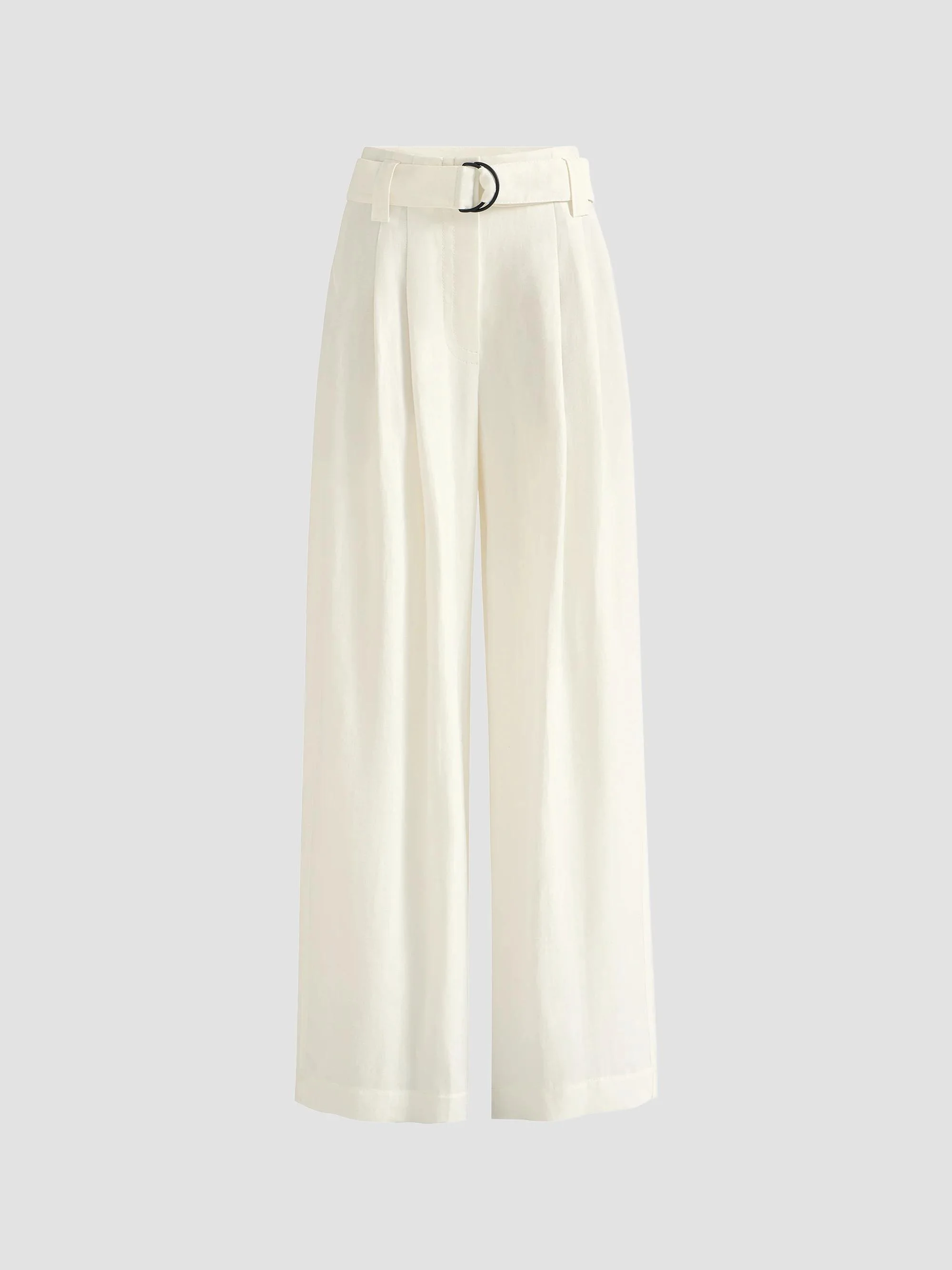 Women's Viscose And Linen Fluid Twill Belted Loose Trousers With Monili - White - 1