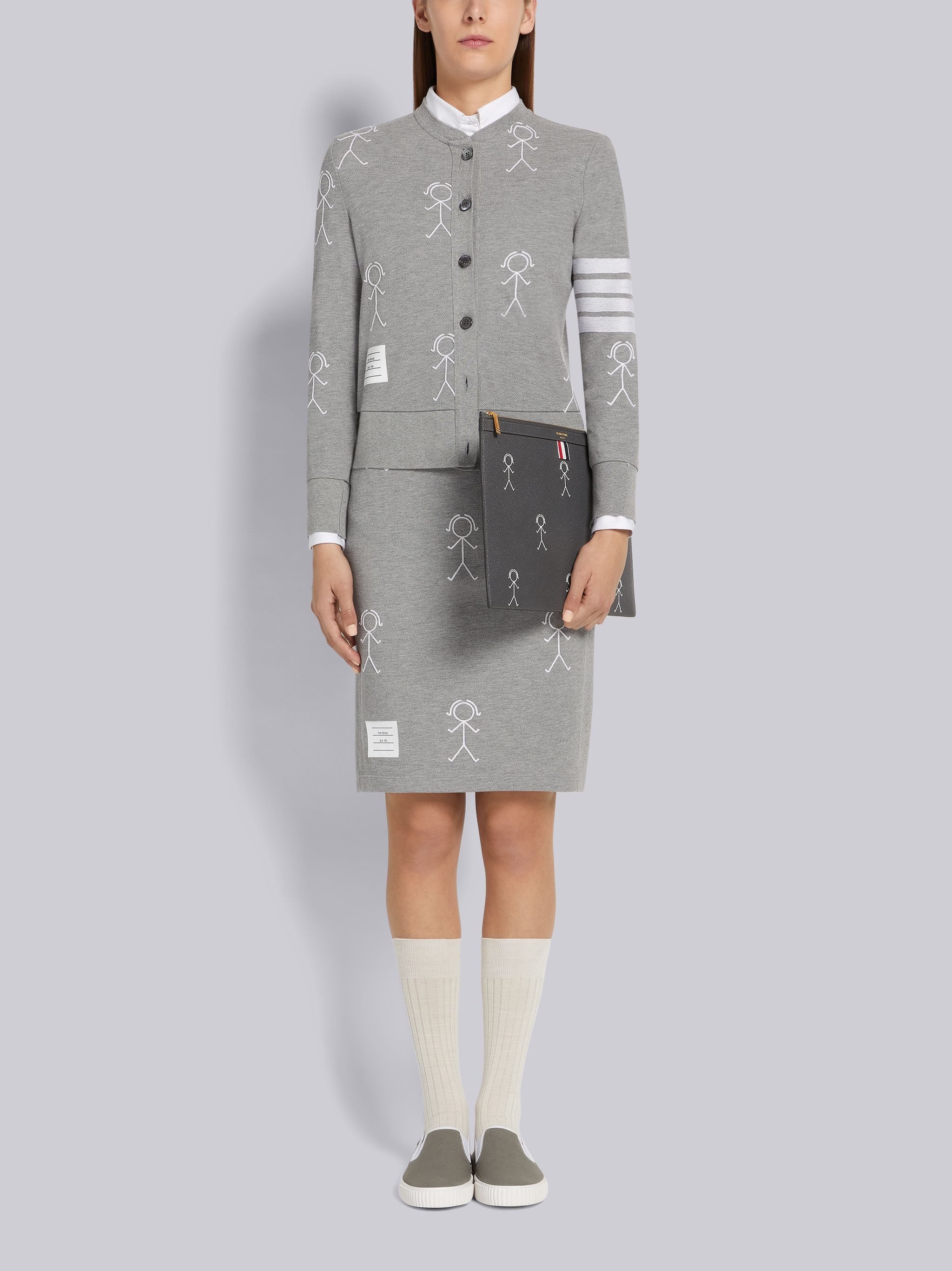 Light Grey Classic Pique Chain Stitch 4-Bar & Mrs. Thom Embroidery Knee Length Skirt - 4