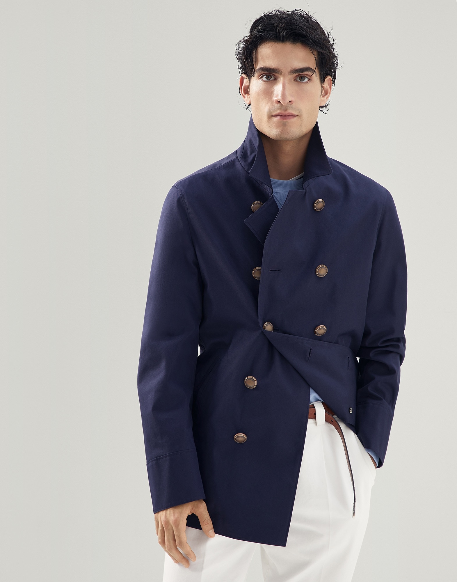 Water-resistant cotton and nylon gabardine pea coat with metal buttons - 1