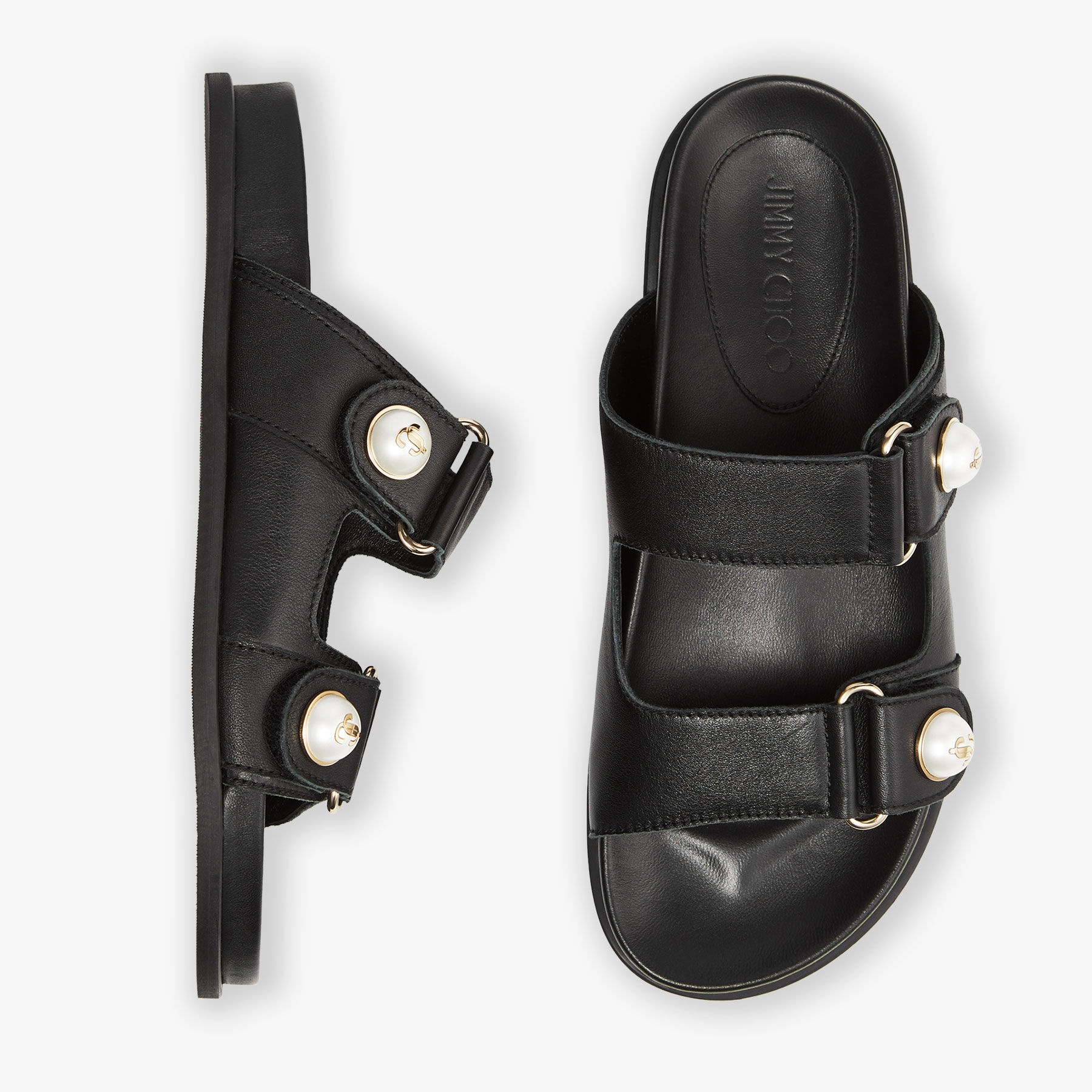 Fayence Sandal
Black Leather Flat Sandals with Pearl Embellishment - 5
