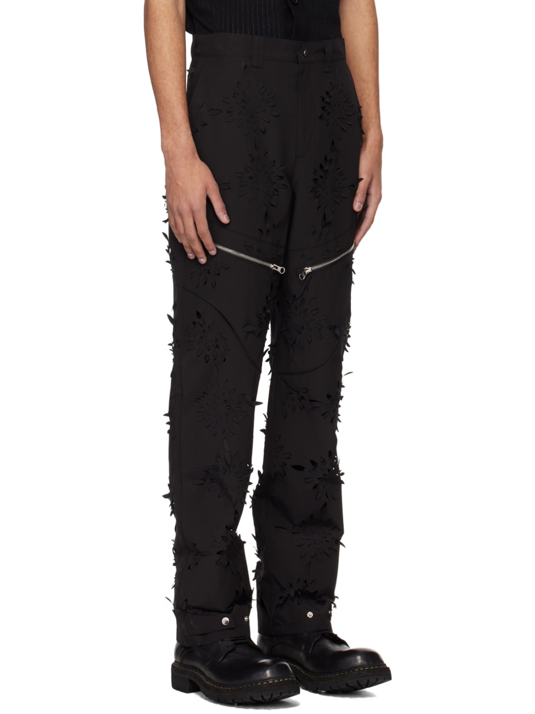 Black Laser-Slashed Flower Trousers - 2