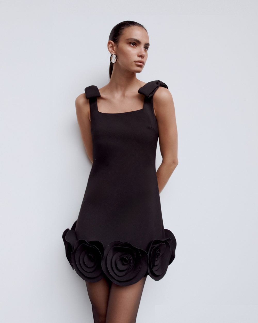 Black Crepe 3D Flower Mini Dress - 5