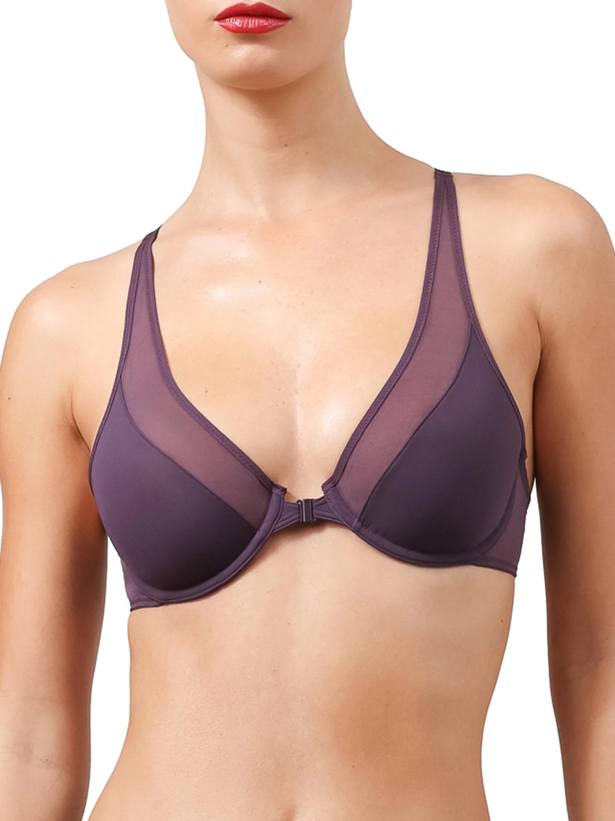 Women's Sheer Opaque Plunge Bra - Aubergine - 1